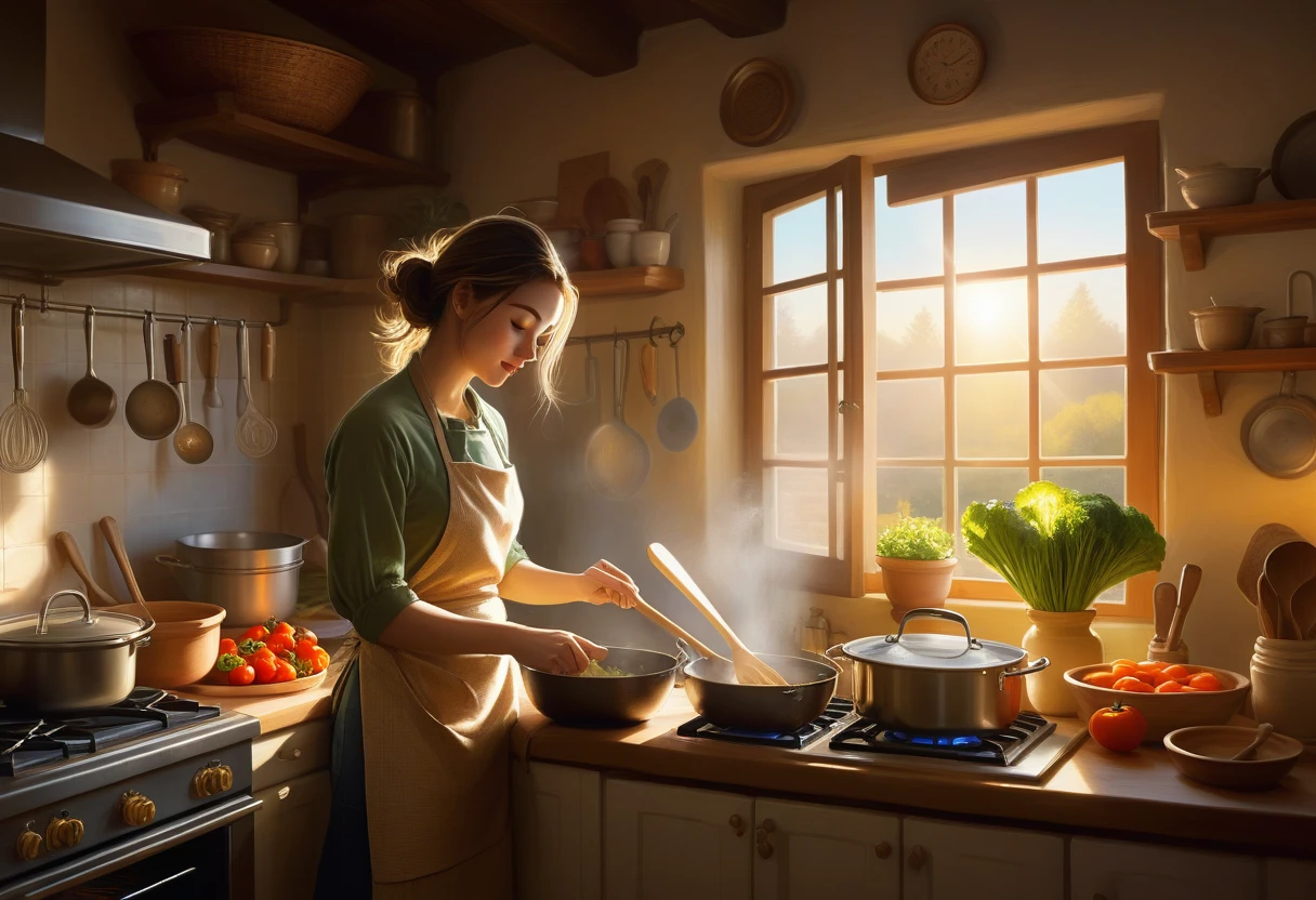 A heartwarming digital painting of a beautiful woman cooking in a charming, cozy kitchen. Viewed from the side, her profile showcases her concentration as she stirs a pan containing vegetables and fish. Her hands are deftly maneuvering cooking utensils, while the warm, golden sunlight from a nearby window casts a soft, glowing halo around her. The kitchen is filled with earthy tones, creating a comforting atmosphere. An assortment of cooking tools and ingredients are visible, enhancing the scene's authenticity. The mood is one of love, nostalgia, and the appreciation of everyday moments.