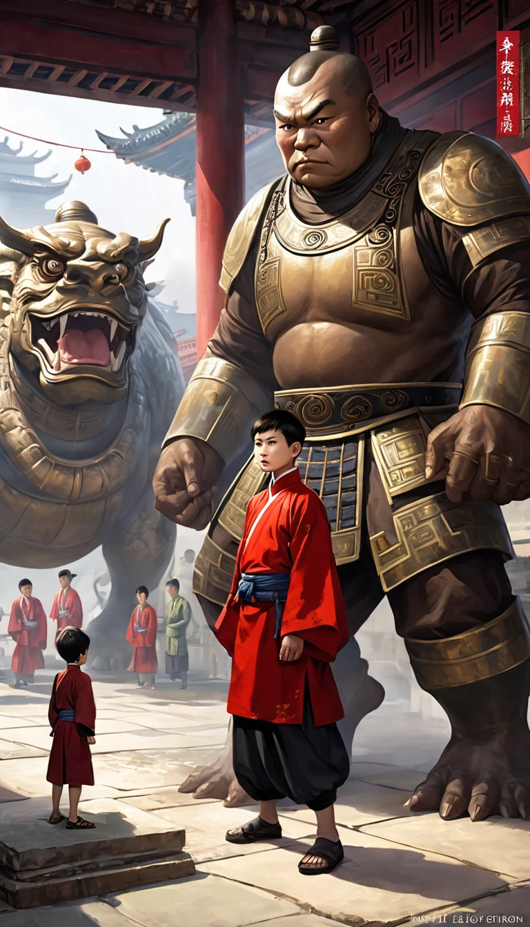 "Illustrious Han Li, a 14-year-old boy, short hair, brown eyes, dressed in Chinese garb, considering escape, but being dissuaded by the watchful presence of the 'Iron Slave', a giant, impenetrable man in the background."