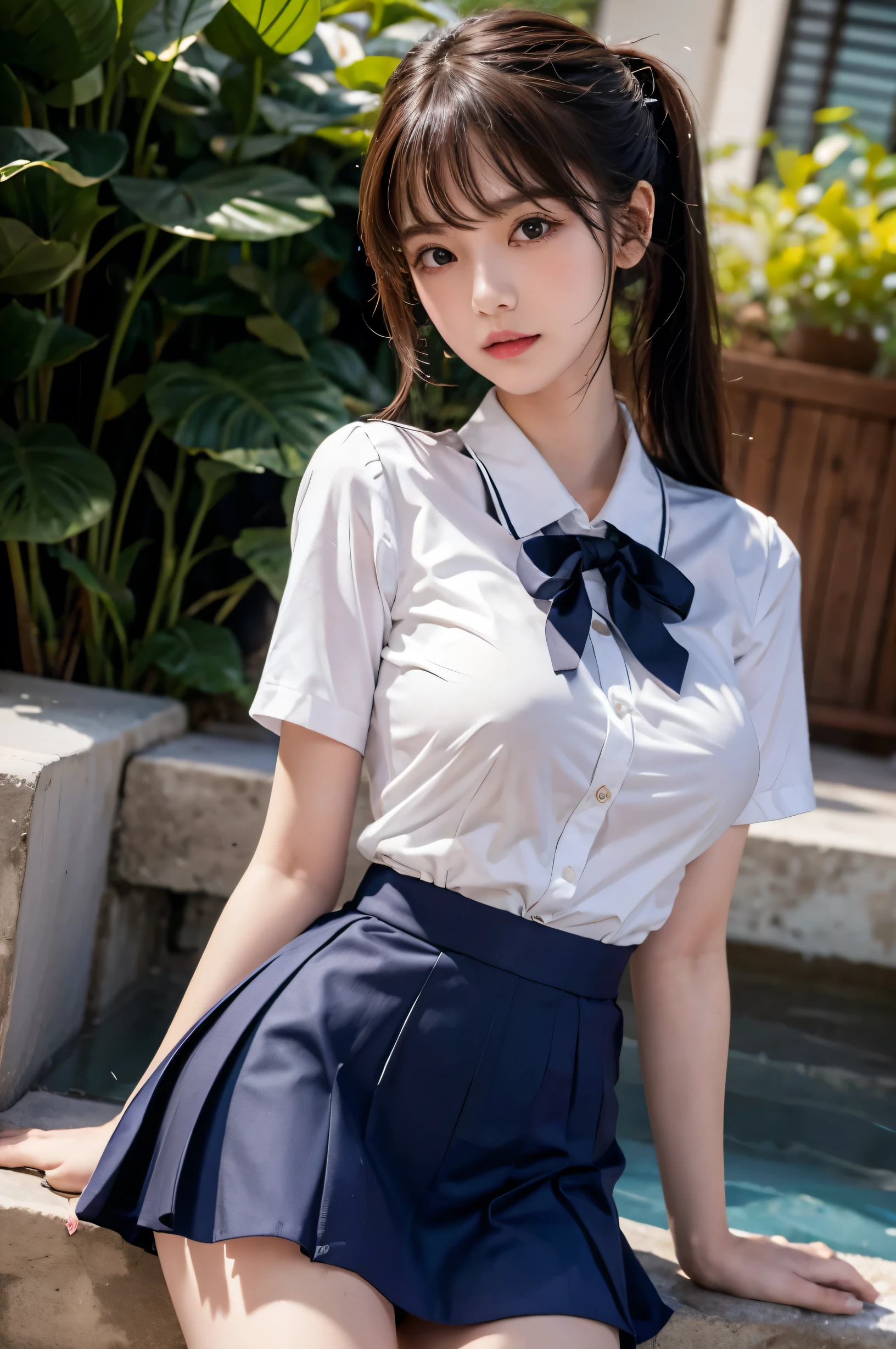 (Ultra HD), (Sailor suit:1.4, White short sleeve shirt, Navy blue mini skirt), (Big Breasts:1.5), slender, Narrow waist), whole body, Standing posture, (Clean and shiny skin, Whitening, No makeup), (Super slim face, Super beautiful face), (Light Brown Ponytail, Layered Cut, Fluffy hair), (double eyelid, Slanted Eyes), Small Nose, Thin lips, Thin legs, school gate