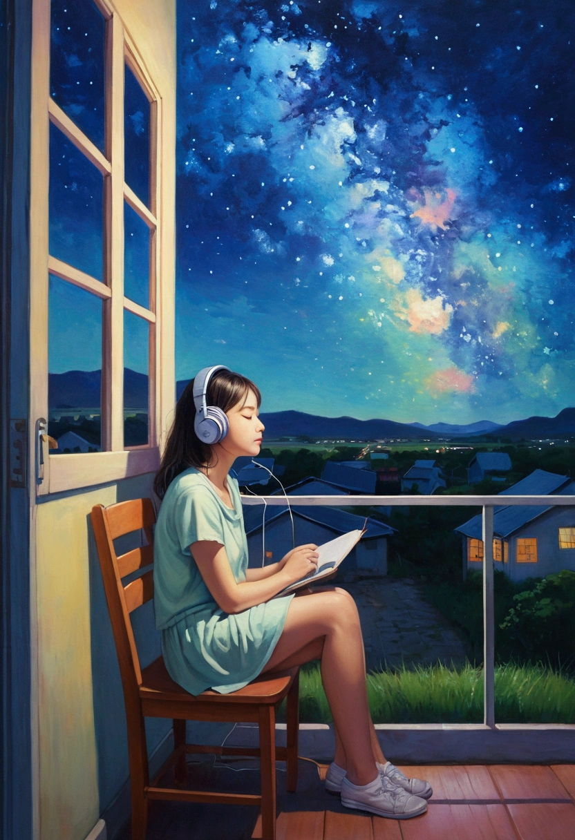 Portrait、512、Lo-Fi、Girl sitting on a chair wearing headphones、Take a nap at your desk、close your eyes、Rural street view outside the window、night、pastel colour、Painting、Starry Sky