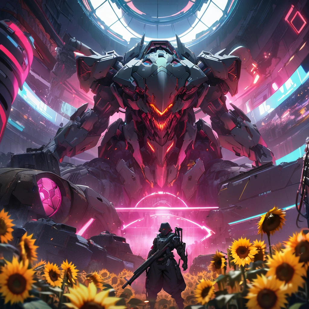 Top quality, masterpiece, high resolution, cyberpunk style, Wearing an evil aura,huge mechanical defense weapons,evil exterior, destructive,metal armor, over technology, huge gun barrels, sunflowers, from inside Nagoya Dome,Conflicting groups in monastic garb