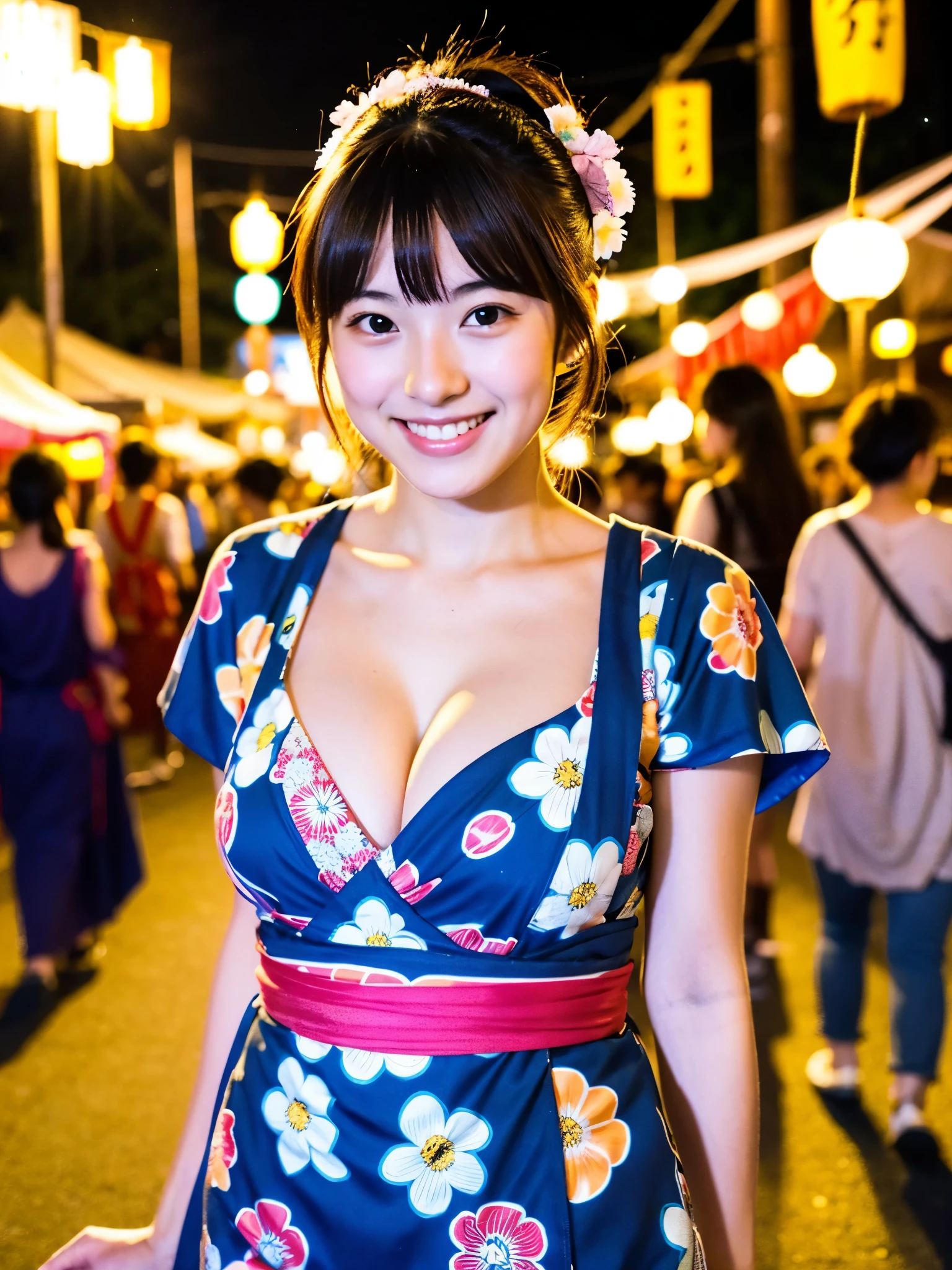 A very cute face like an idol、A young-looking 20-year-old woman、Smiling Kindly、Wearing a Japan yukata、Cleavage、night、Walking through a Japanese festival、Natural light、Whole body、High level of artistry