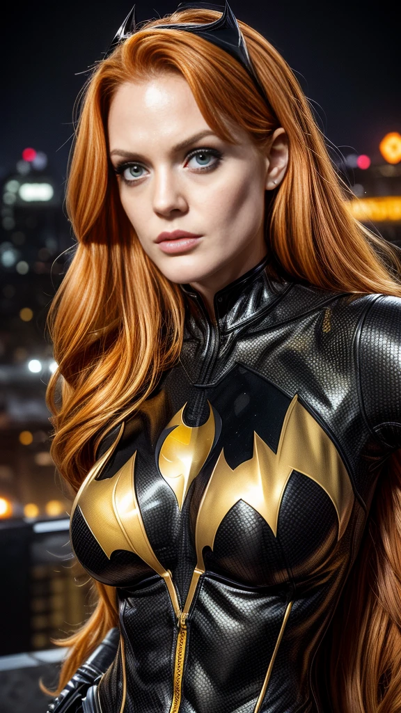 "BatGirl"(Barbara Gordon)a close up upper body, black and gold costume,long orange hair, batgirl, extremely detailed,Batgirl sexy de DC Comics, long orange hair,masterpiece, The best quality, dark modern metropolis city, (honeycomb pattern), (creative:1.3), sy3, SMM, fantasy00d,sexy provocative pose