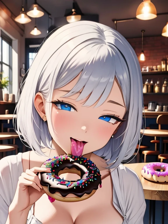 silver bob hair, (Eating Colorful Donuts), (The background is a cafe), (masterpiece), highest quality, 1girl, retina, masterpiece, anatomically correct, textured skin, super detail, high details, high quality, best quality, highres, 4K, look down,