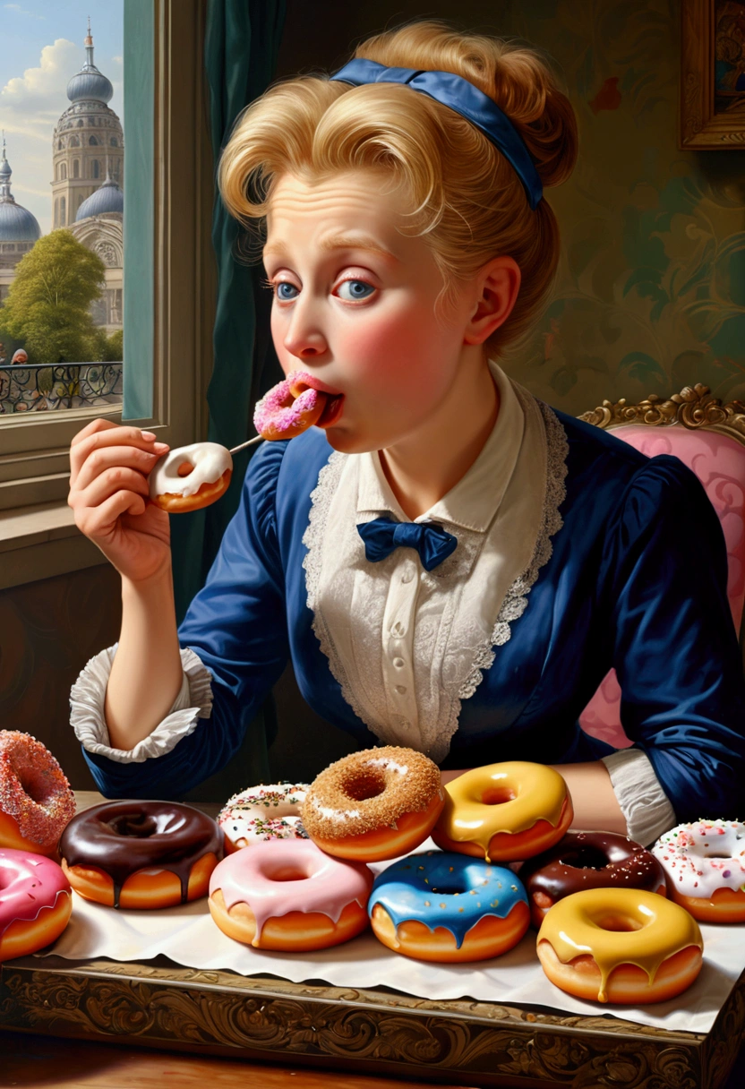 (girl Eating Donuts), full body, award-winning, cinematic still, emotional, vignette, dynamic, vivid, (masterpiece, best quality, photorealistic, Professional, perfect composition, very aesthetic, absurdres, ultra-detailed, intricate details:1.3), by Fabian Perez