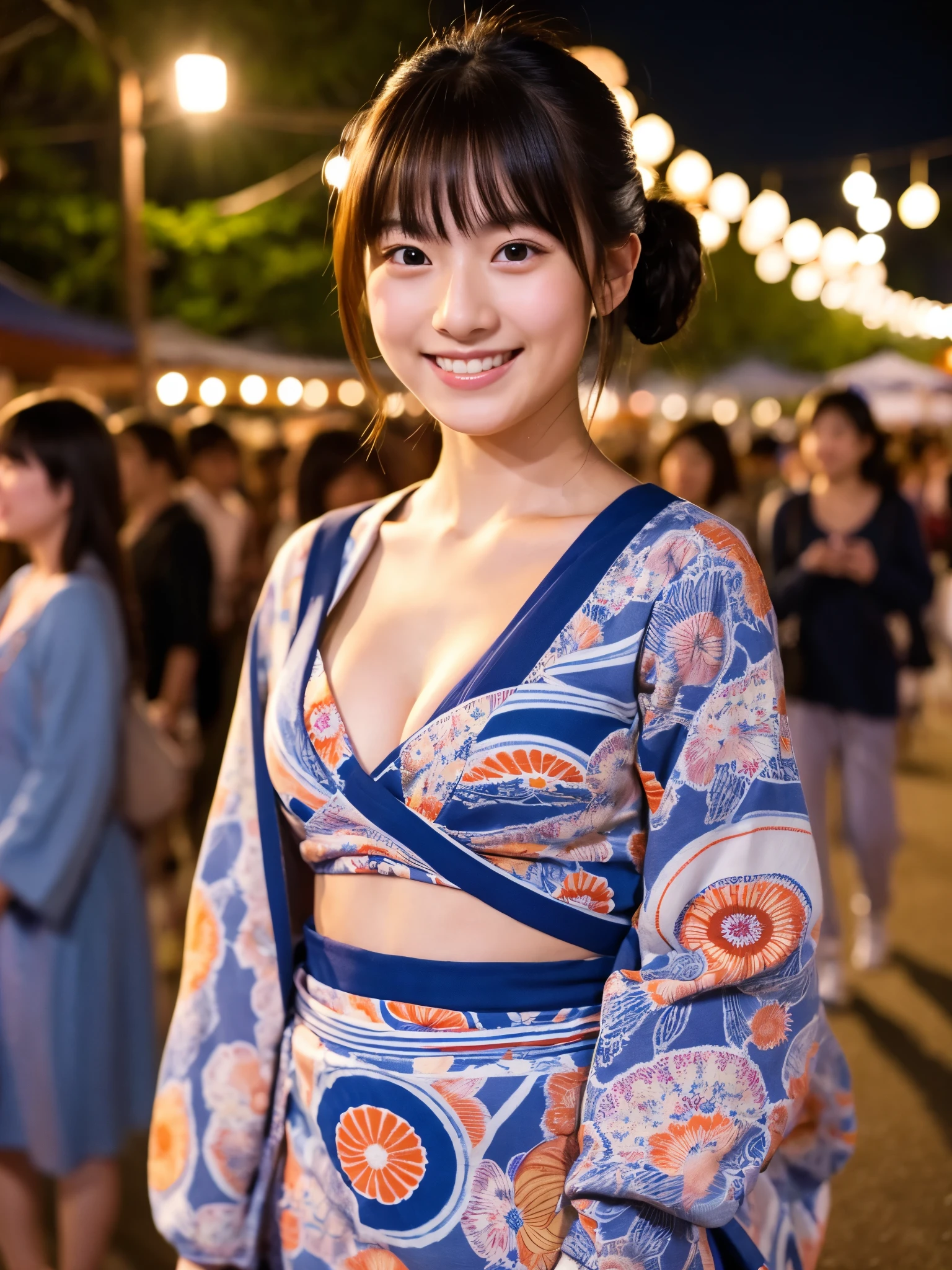 A very cute face like an idol、A young-looking 20-year-old woman、Smiling Kindly、She is wearing a cute long-sleeved Japanese yukata.、Cleavage、night、Walking through a Japanese festival、Natural light、Whole body、High level of artistry