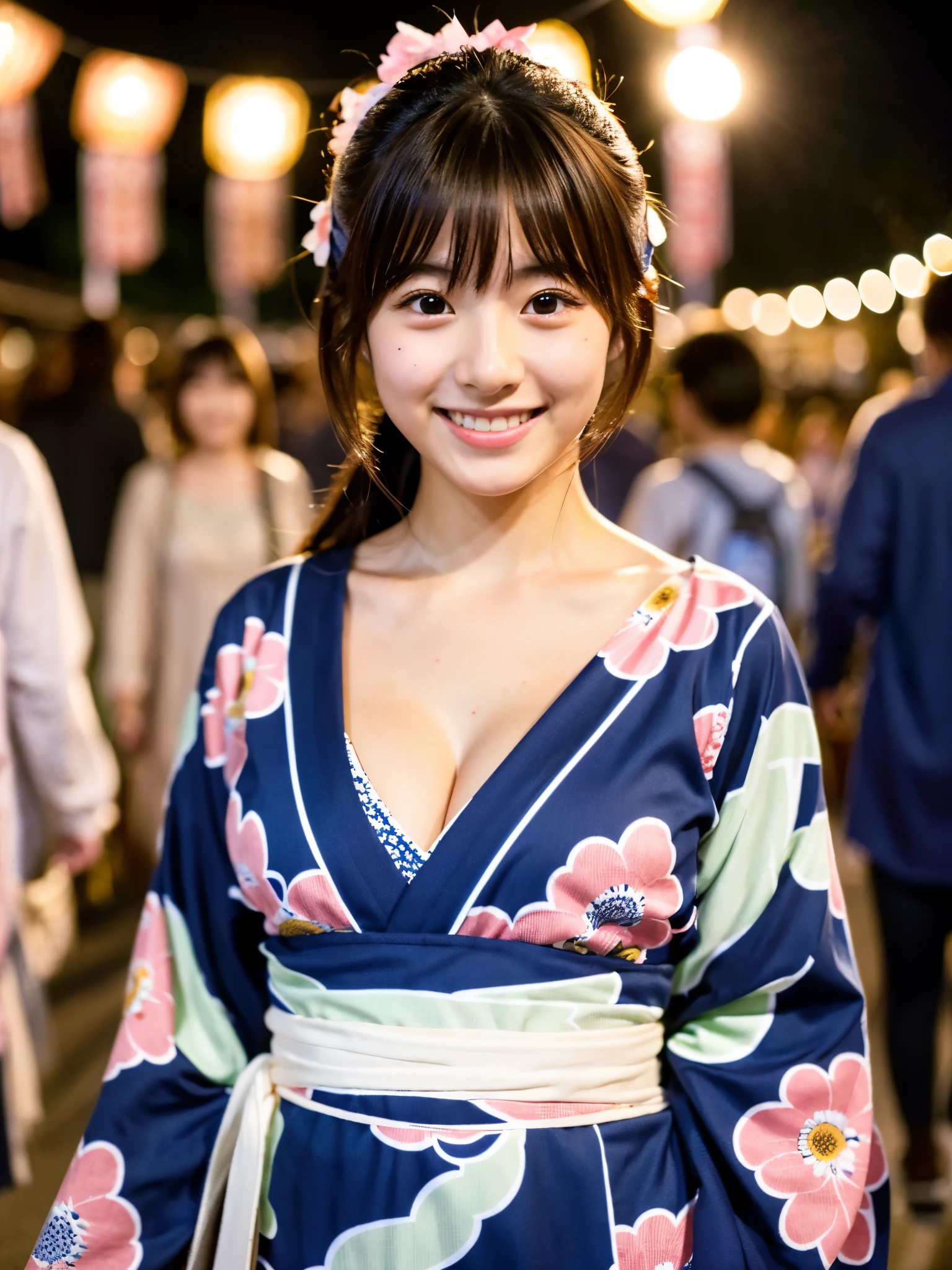 A very cute face like an idol、A young-looking 20-year-old woman、Smiling Kindly、She is wearing a cute long-sleeved Japanese yukata.、Cleavage、night、Walking through a Japanese festival、Natural light、Whole body、High level of artistry