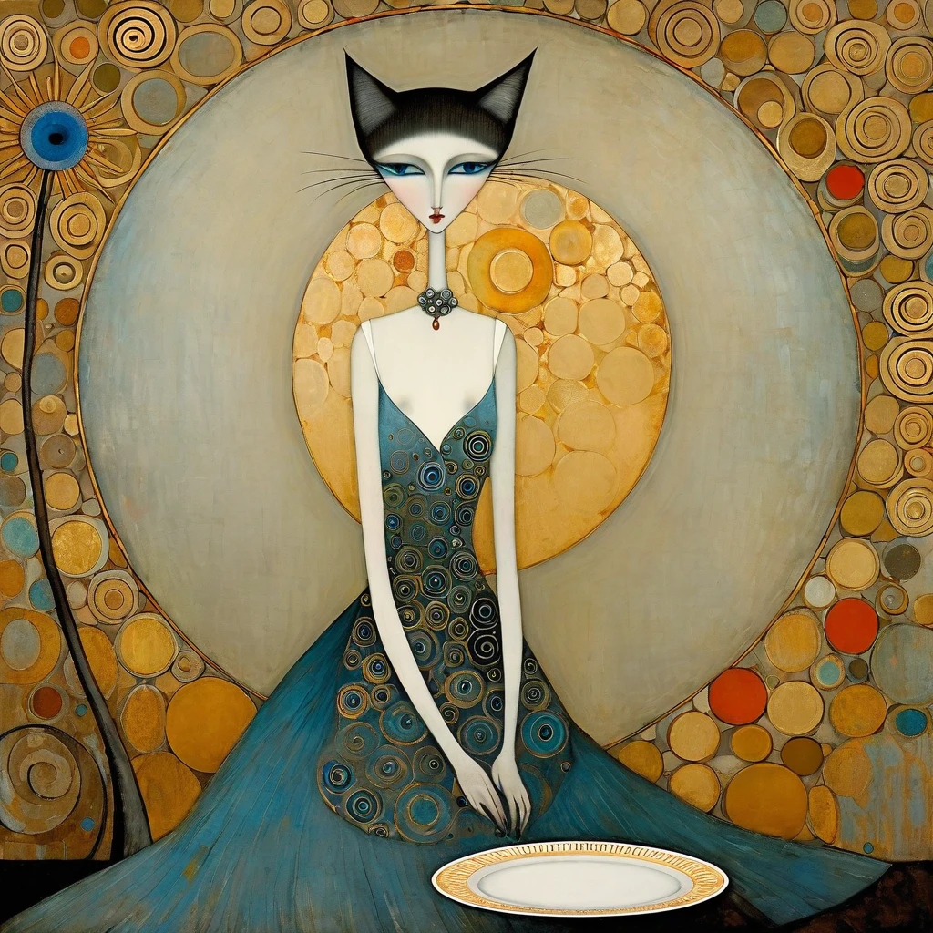 in the style of Klimt, Sam Toft, Florine Stettheimer, Dina Wakley, Catrin Welz-Stein, Gabriel Pacheco, Elisabeth Fredriks Stylized figure.Stylized figure. Female cat, with a woman's body. slender, beautiful, sensual gaze,very long neck, gray-blue eyes, long eyelashes, dress with wide cleavage over breasts. she is sitting at a dining table, with an empty plate in front of her. background with neutral patterns of circles and spirals. warm colors, medium saturation
