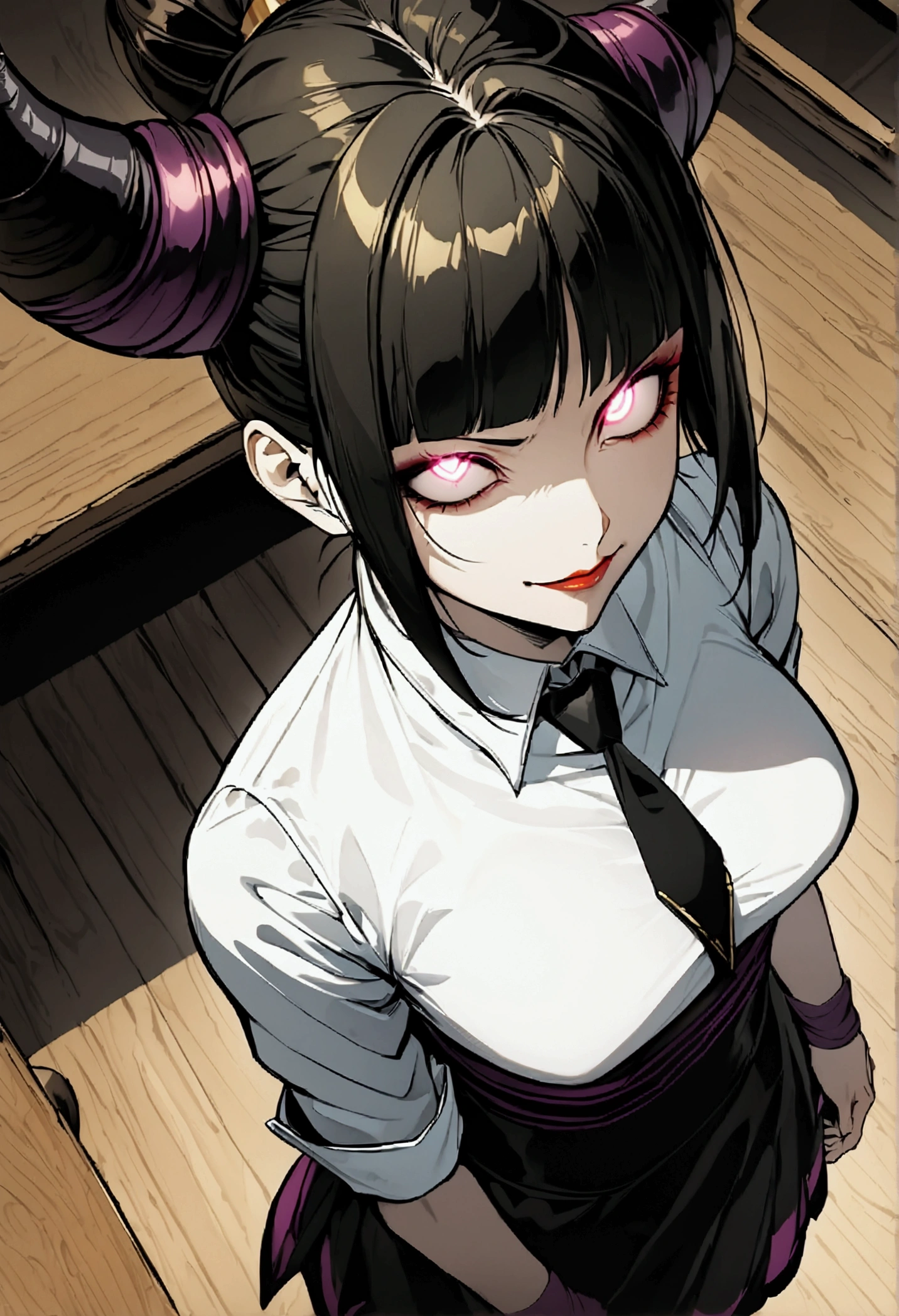 Juri Han, Artwork, fitted white secretary shirt with black tie, black high-waist skirt, skirt short,sock, Bblack hair, blackstockings,Evil smile,desk,bangs on the eyes,Lighting,horn of hair,from above view,staring overhead
