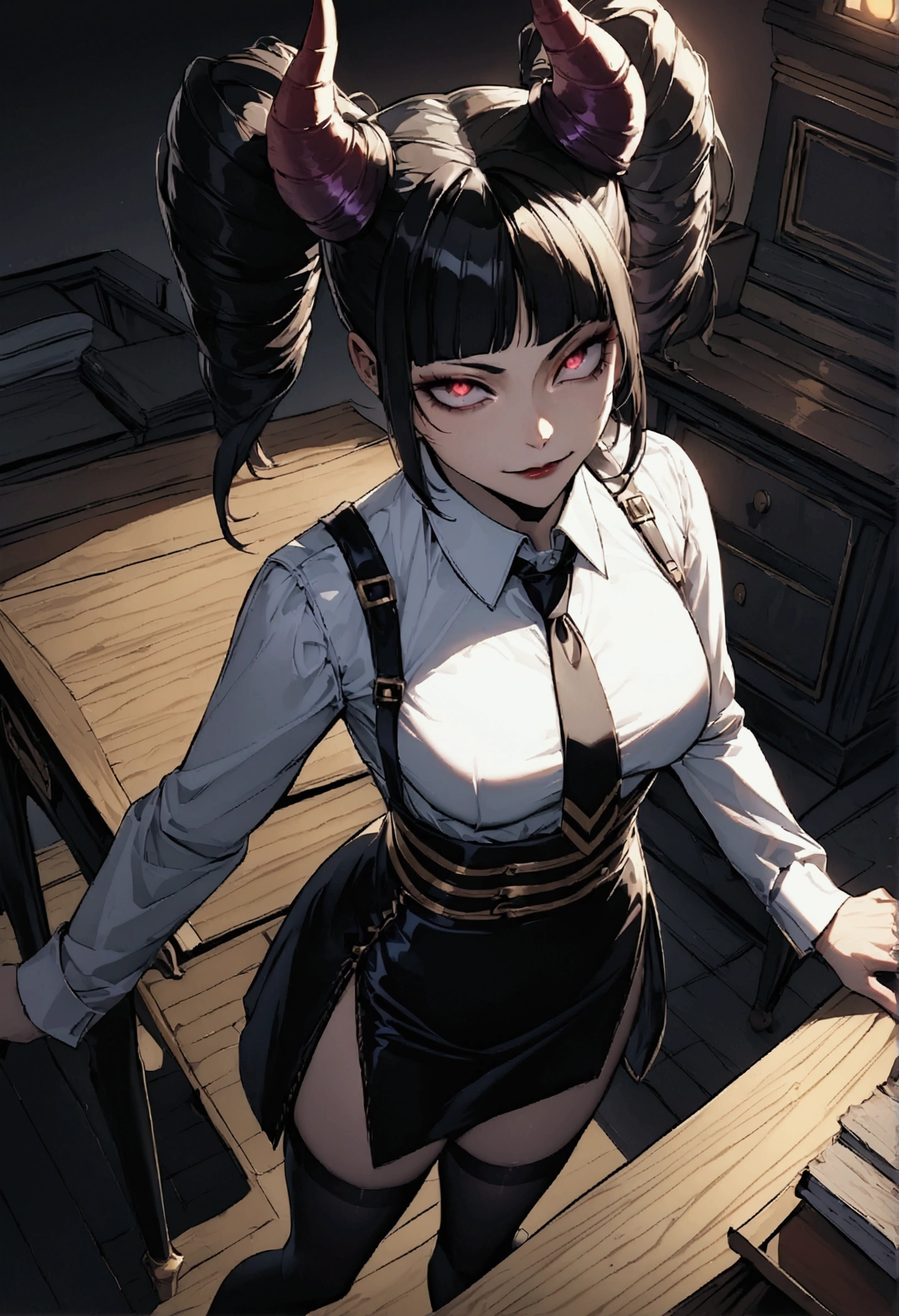 Juri Han, Artwork, fitted white secretary shirt with black tie, black high-waist skirt, skirt short,sock, Bblack hair, blackstockings,Evil smile,desk,bangs on the eyes,Lighting,horn of hair,from above view,staring overhead