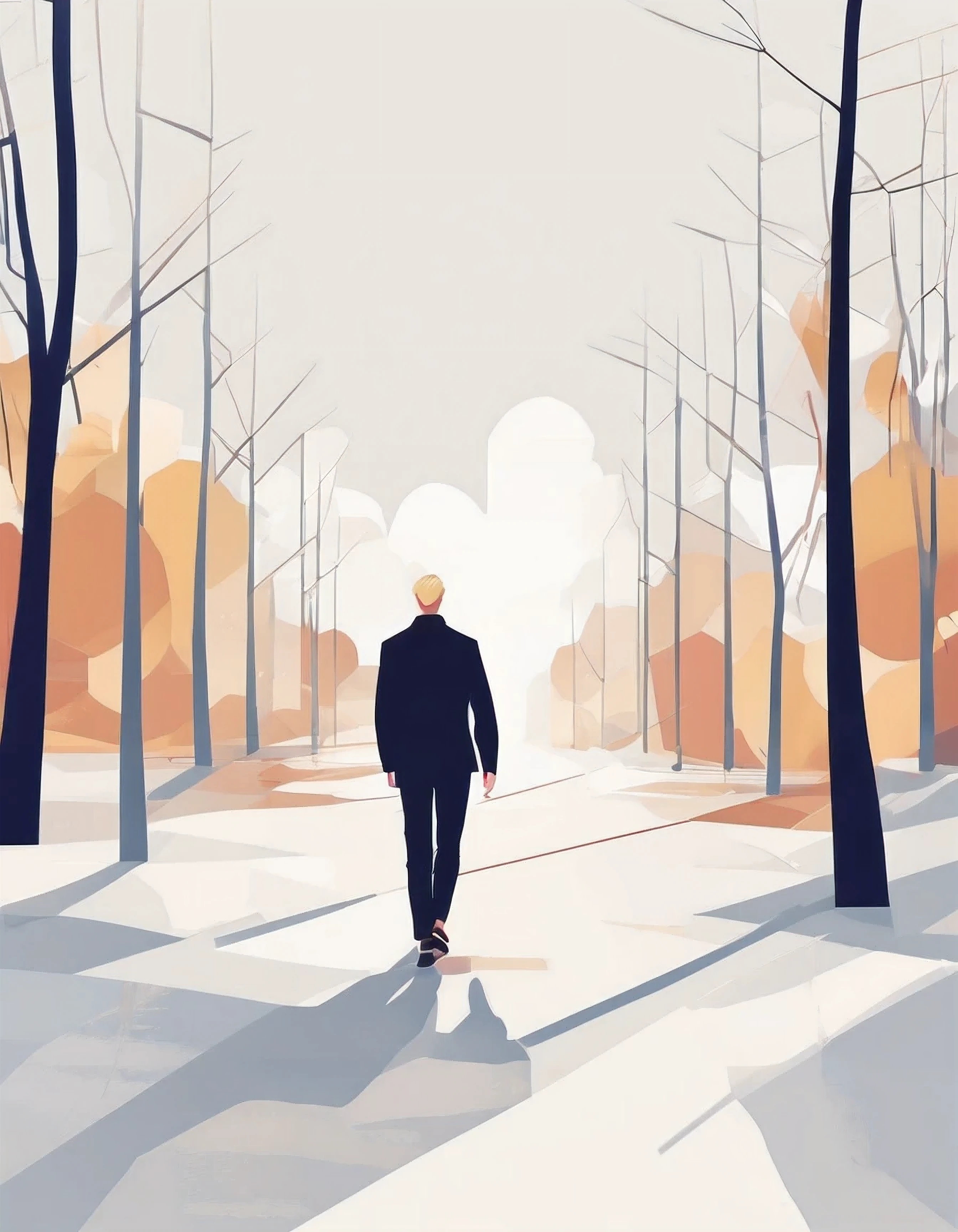 flat illustration of a man walking away, white background, full height, blonde,
It is relatively Modern and uses digitally friendly aesthetics.
Minimalistic nature,
effectively uses white space,
Uses 2D elements,
Use bright colors with high contrasts,
Use grid-based layouts