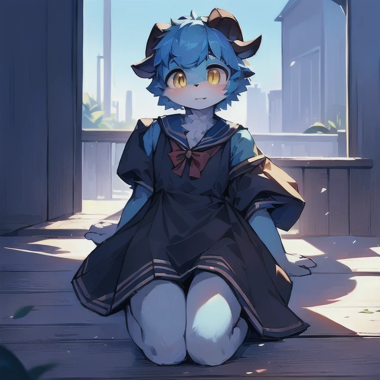 head portrait，((short wathet haired，a furry blue girl goat with wearing a brown sailor dress)), surprised and shy expression, looking at the camera, detailed yellow eyes,((full body furry)), (best quality,4k,8k,highres,masterpiece:1.2),ultra-detailed,(realistic,photorealistic,photo-realistic:1.37), professional, vivid colors，cut，furry