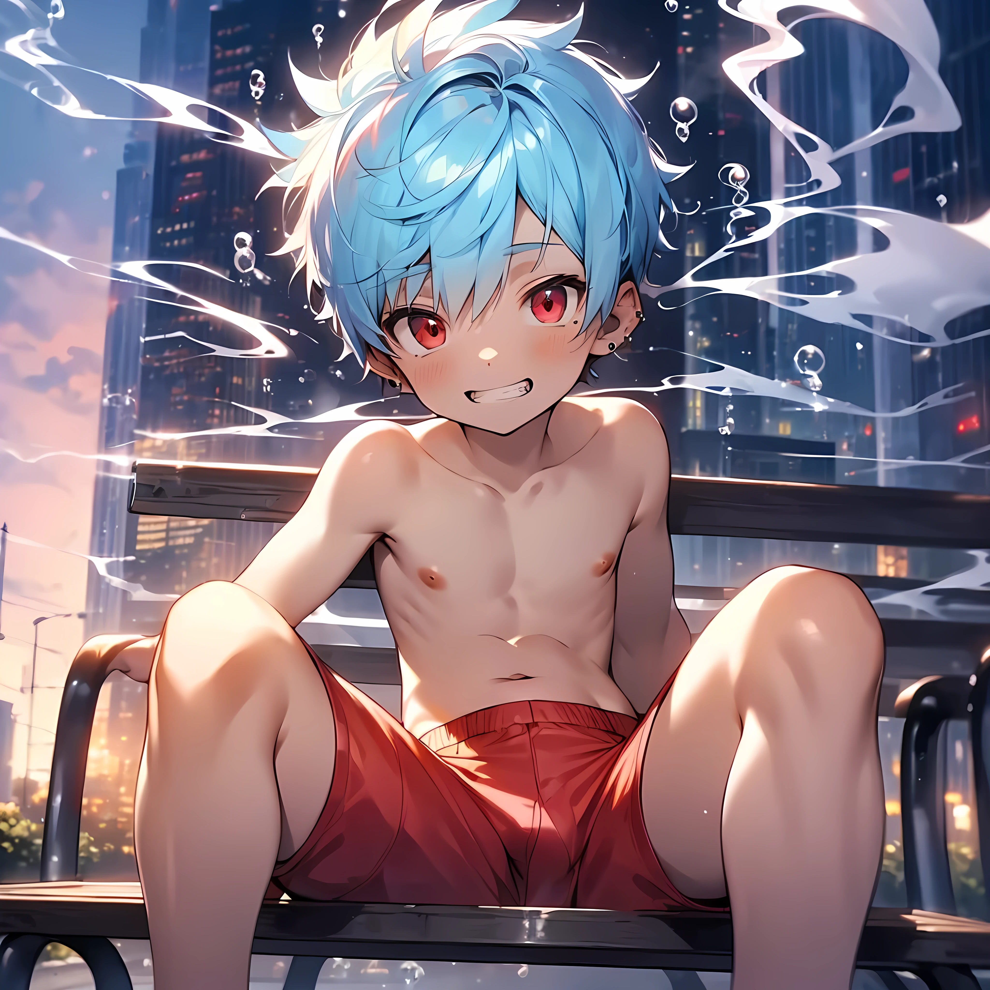 (solo:2), (boldline:-1.8), (smoking:1.6), (((bubble))), (sitting on bench:1.5), (spread legs:1.5), (((fang))), (((best finger))), (((best hands))), (((best arms))), (((best legs))), BREAK (best quality:1.5), (absolutely resolution:1.5), (ultra detailed:1.5), (masterpiece:1.5), (perfect face), (detailed face), (detailed eyes), (best eyes), (cute face), (shota:2), BREAK (topless:1.5), BREAK (red short pants:1.5), (bulge:1.6), (skinny:1.3), (spiked hair), BREAK (light blue hair:1.5), (wine red eyes:1.4), (eyes with highlight:1.6), ((mole under eye)), (sweaty skin), (light skin), (grin:1.5), ((earrings)), (shiny skin:1.3), BREAK (garden), (building:1.5), (at twilight:1.5), ((wind blowing)), ((nipple)), (abs), (groin),