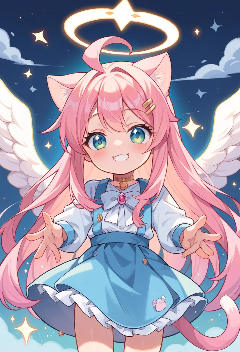 fantasic anime style,
kawaii shota,angel halo and wing,cat ear and tail,pink hair,wavy long hair,good night,smile,Glitter of god,Angelic Aura Burst,