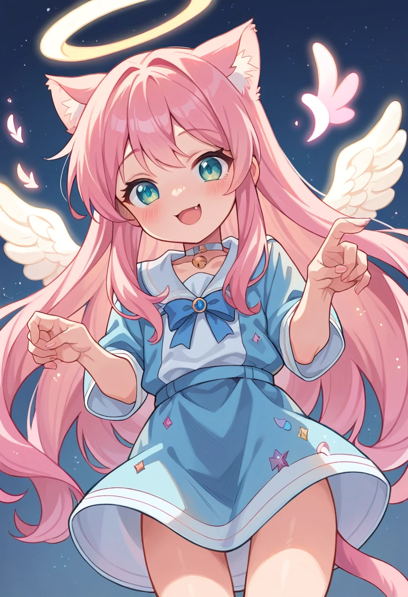 fantasic anime style,
kawaii shota,angel halo and wing,cat ear and tail,pink hair,wavy long hair,good night,smile,Glitter of god,Angelic Aura Burst,