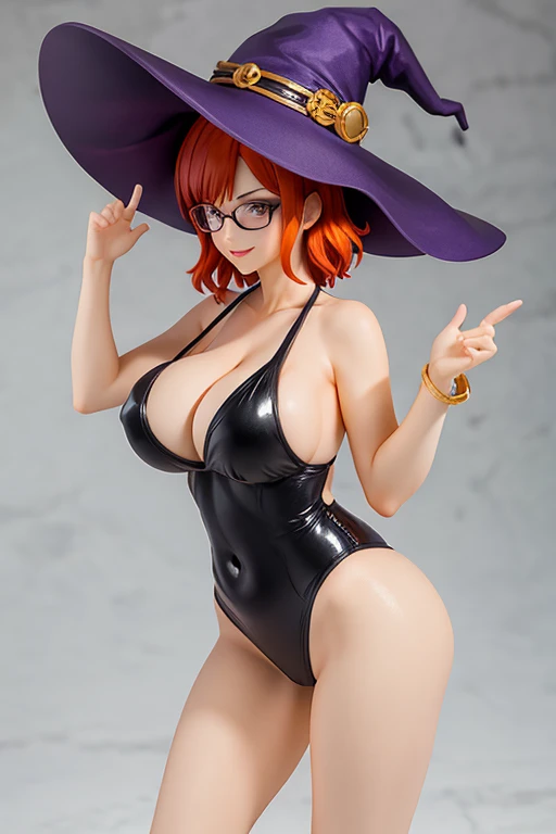 figure of witch, casting a spell, big breasts, sexy pose, glasses, short hair, mature, redhead, hat witch, one piece swimsuit