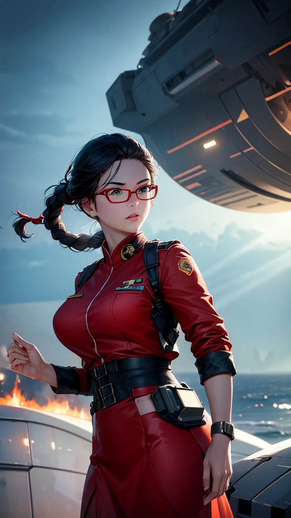 (Highest resolution),(Beautiful picture),Sci-fi movie poster,(สไตล์ภาพscience fiction),(best quality),(Masterpiece),(Maximum face detail),((semi-realistic)), Maximum face resolution,adult,East Asian woman, figure,black hair,(double braid hairstyle),green eyes,((red glasses)),(high military uniform),Long skirt, white coat,future,science fiction,Standing on an aircraft carrier