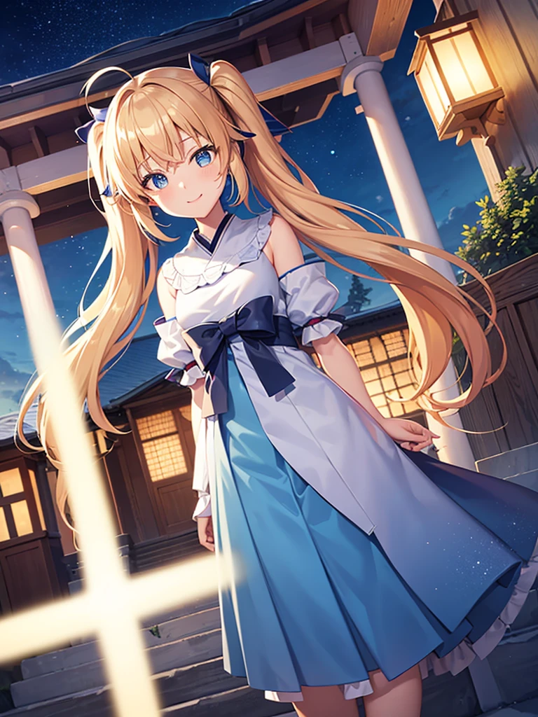 Ray Tracing,high quality,High resolution,bloom effect,Dynamic Angle,Light Shaft, particle lighting, Dynamic Light,One girl, alone, Wind,smile, ,Middle chest, Long blonde twin tails that reach above her ears, Ahoge, (Cyan striped hair:1.15), ,Shrine maiden, shrine,blue eyes, Hair Ribbon,Glowing Skin,Happy,