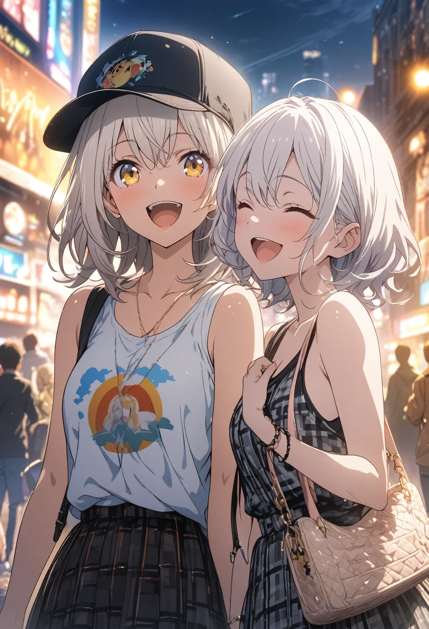 Two Girls, masterpiece, Highest quality, Highly detailed CG Unity 8K wallpapers, High School Girl Anime Illustration. Wear an oversized tank top, She is wearing a red and black checked skirt., double pieceのポーズ, She closes her eyes and opens her mouth wide, smile. white hair color, Yellow Eyes, Bokeh, Street style fashion, Wearing a cap, With a shoulder bag, Lens flare, The sun rises, The background is the cityscape