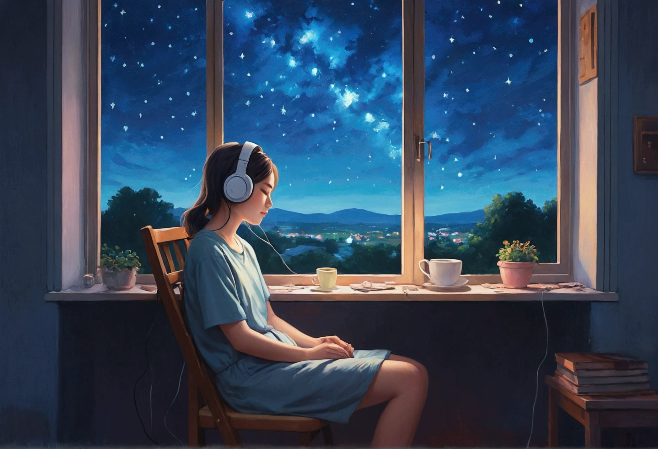 Portrait、512、Lo-Fi、Girl sitting on a chair wearing headphones、Take a nap at your desk、close your eyes、Rural street view outside the window、night、pastel colour、Painting、Starry Sky
