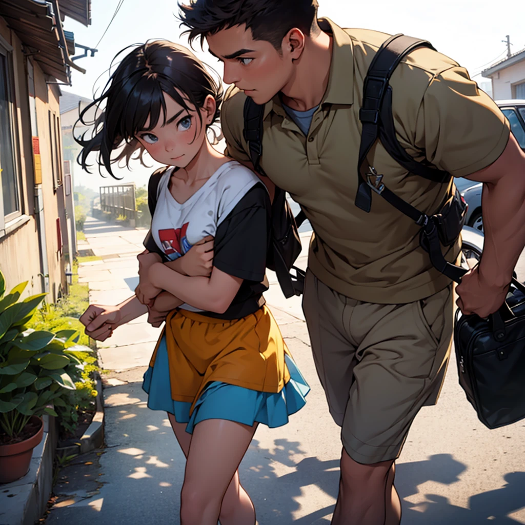 Girl in good condition carrying a boy 