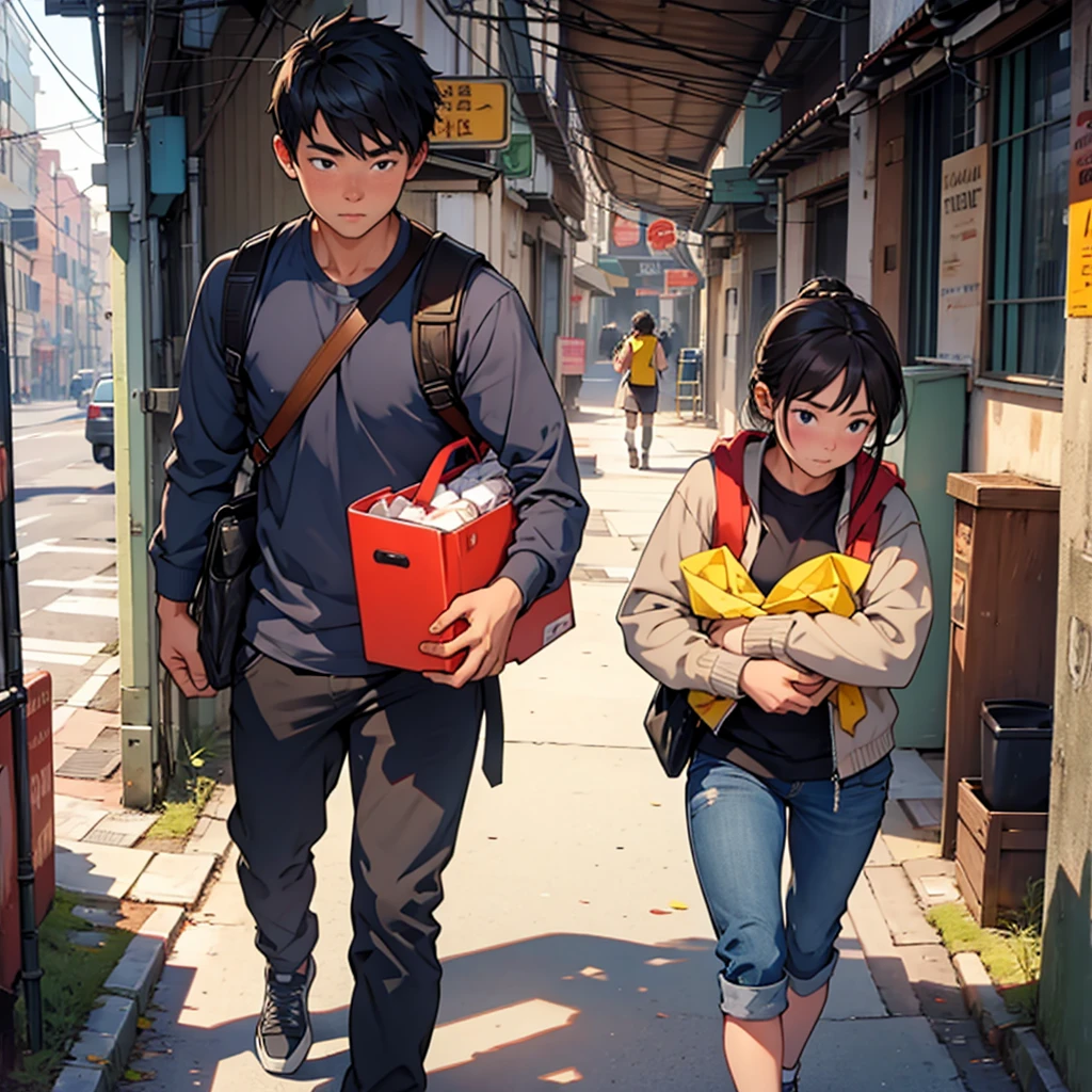Girl in good condition carrying a boy