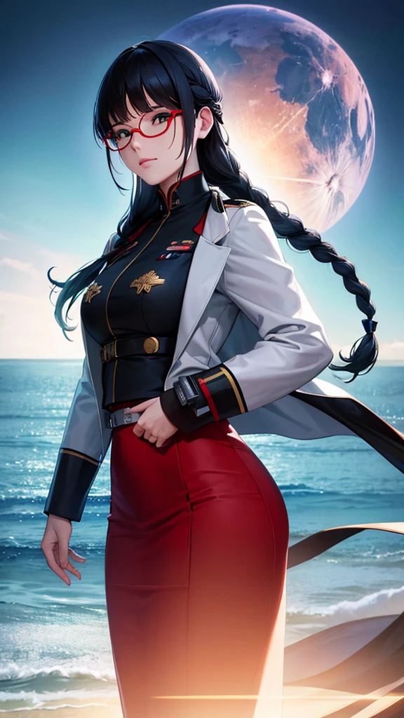 (Highest resolution),(Beautiful picture),Sci-fi movie poster,(สไตล์ภาพscience fiction),(best quality),(Masterpiece),(Maximum face detail),((semi-realistic)), Maximum face resolution,adult,East Asian woman, figure,black hair,(Bangs),(double braid hairstyle),green eyes,((red glasses)),(high military uniform),Long skirt, white coat,future,science fiction,Standing on an aircraft carrier