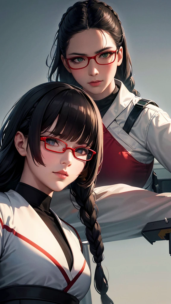 (Highest resolution),(Beautiful picture),Sci-fi movie poster,(สไตล์ภาพscience fiction),(best quality),(Masterpiece),(Maximum face detail),((semi-realistic)), Maximum face resolution,adult,East Asian woman, figure,black hair,(Bangs),(double braid hairstyle),green eyes,((red glasses)),(high military uniform),Long skirt, white coat,future,science fiction,Standing on an aircraft carrier