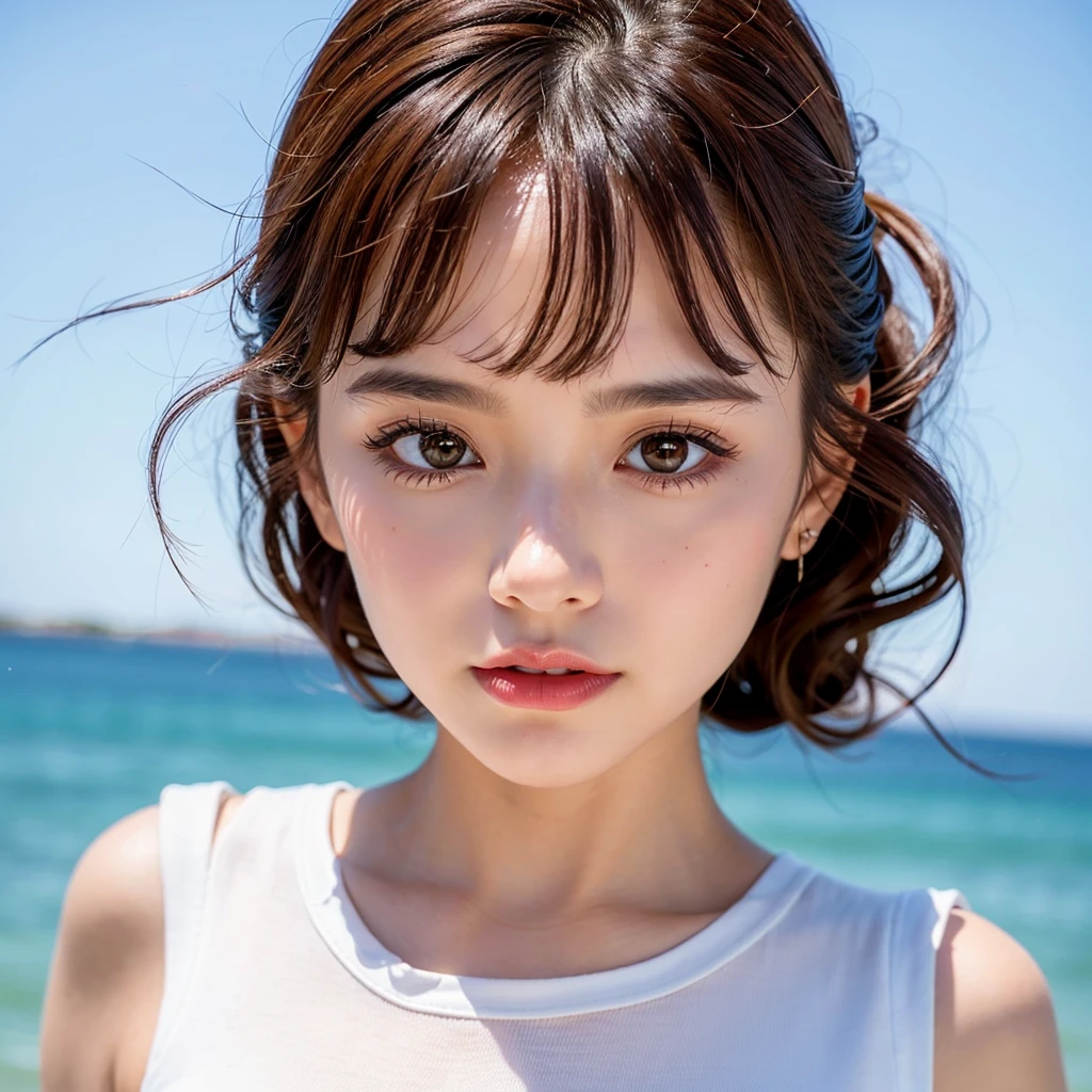 A girl with temperament, delicate facial features, bangs, brown ponytail, messy hair, the hair is very realistic, wearing a short-sleeved white shirt, the background is sky, sea view, Du Qiong exquisite makeup, thin red lips, big eyes, double eyelids, black hole, bright eyes, symmetrical face, the face is very realistic, the girl's face is carefully painted, blush, super high-looking, looking at the audience, very realistic skin, sebum reflection, artwork, clothes with real fabric texture, photorealistic painting, movie style, photo-level, ray tracing, realistic light and shadow effects, realism, masterpiece, like the photo effect above, 8K highest picture quality is full