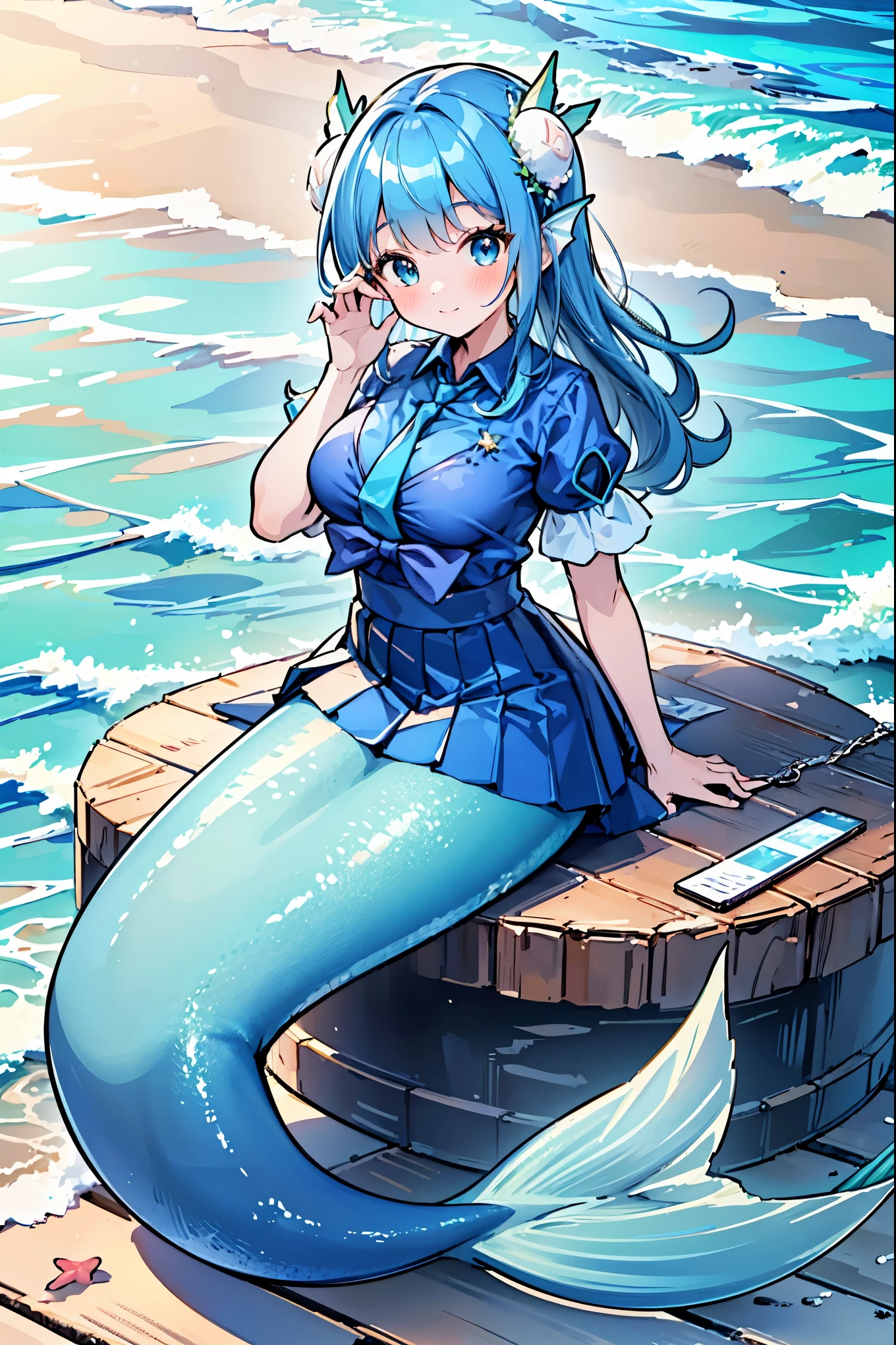 masterpiece, best quality,(Full fingers),A woman,Mermaid,Large Breasts,Blue shirt,Blue Skirt,藍色的Mermaid尾巴,full-body shot,ocean,Beach,charming脸(Kawaii, charming,Soft)