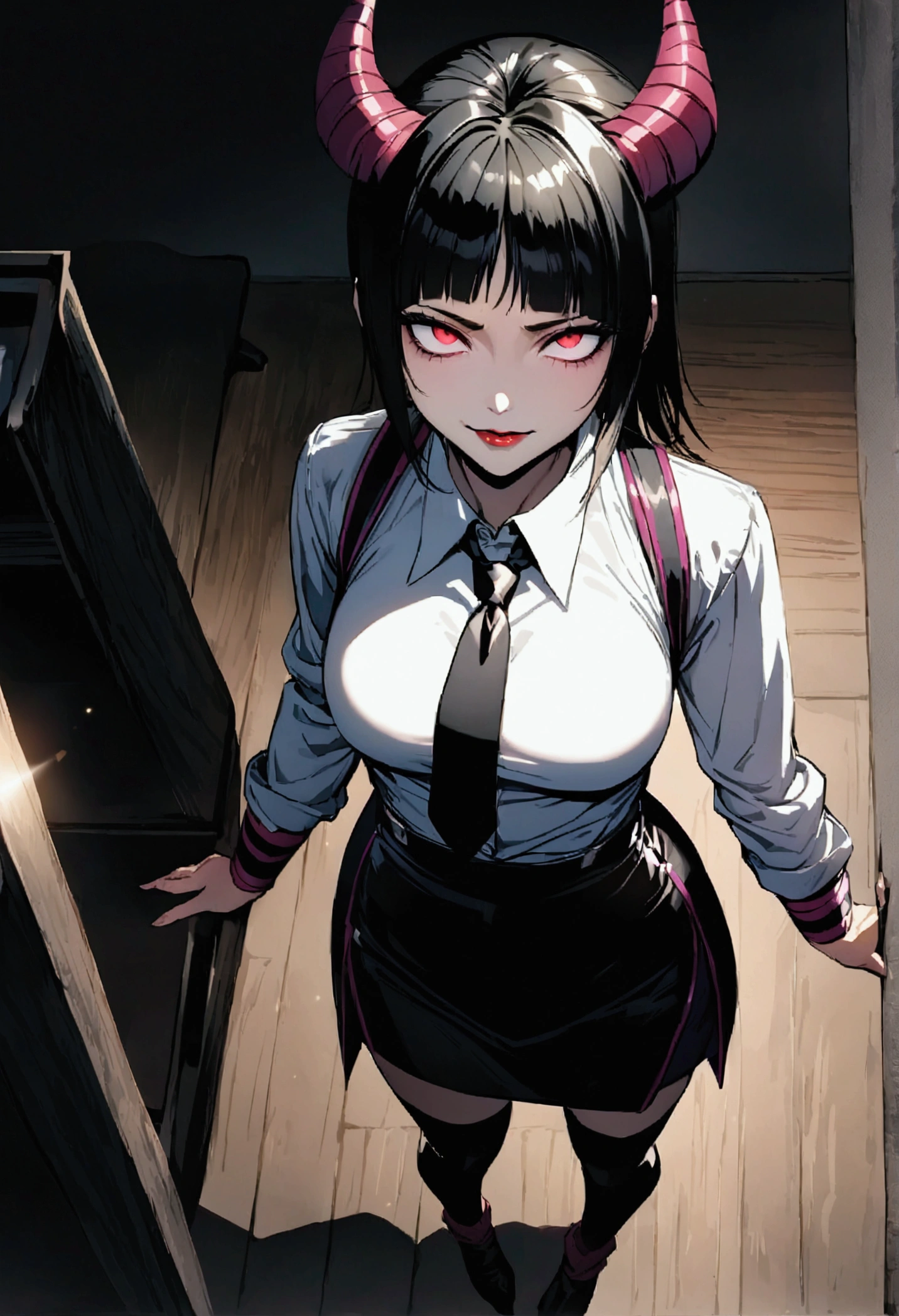 Juri Han, Artwork, fitted white secretary shirt with black tie, black high-waist skirt, skirt short,sock, Bblack hair, blackstockings,Evil smile,desk,bangs on the eyes,Lighting,horn of hair,from above view,staring overhead
