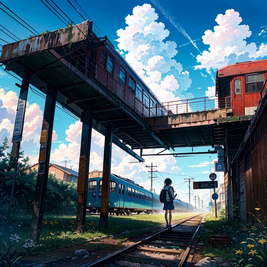 --ar 16:9 --Rainbow 5, alone girl, , carrying a rucksack, young, small, summer clothes, smile, summer sky, cumulonimbus clouds, abandoned train tracks, exploration, dilapidated station, dilapidated Some people walk along the transformed signs.