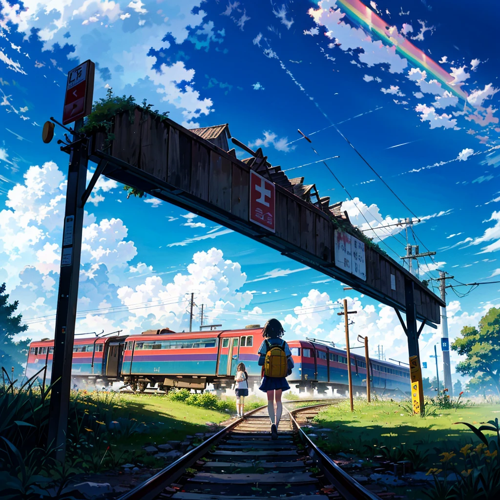 --ar 16:9 --Rainbow 5, alone girl, , carrying a rucksack, young, small, summer clothes, smile, summer sky, cumulonimbus clouds, abandoned train tracks, exploration, dilapidated station, dilapidated Some people walk along the transformed signs.