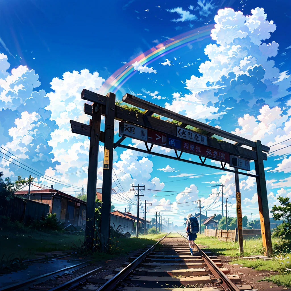 --ar 16:9 --Rainbow 5, alone girl, , carrying a rucksack, young, small, summer clothes, smile, summer sky, cumulonimbus clouds, abandoned train tracks, exploration, dilapidated station, dilapidated Some people walk along the transformed signs.