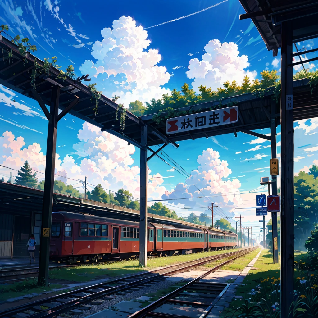 --ar 16:9 --Rainbow 5, alone girl, , carrying a rucksack, young, small, summer clothes, smile, summer sky, cumulonimbus clouds, abandoned train tracks, exploration, dilapidated station, dilapidated Some people walk along the transformed signs.