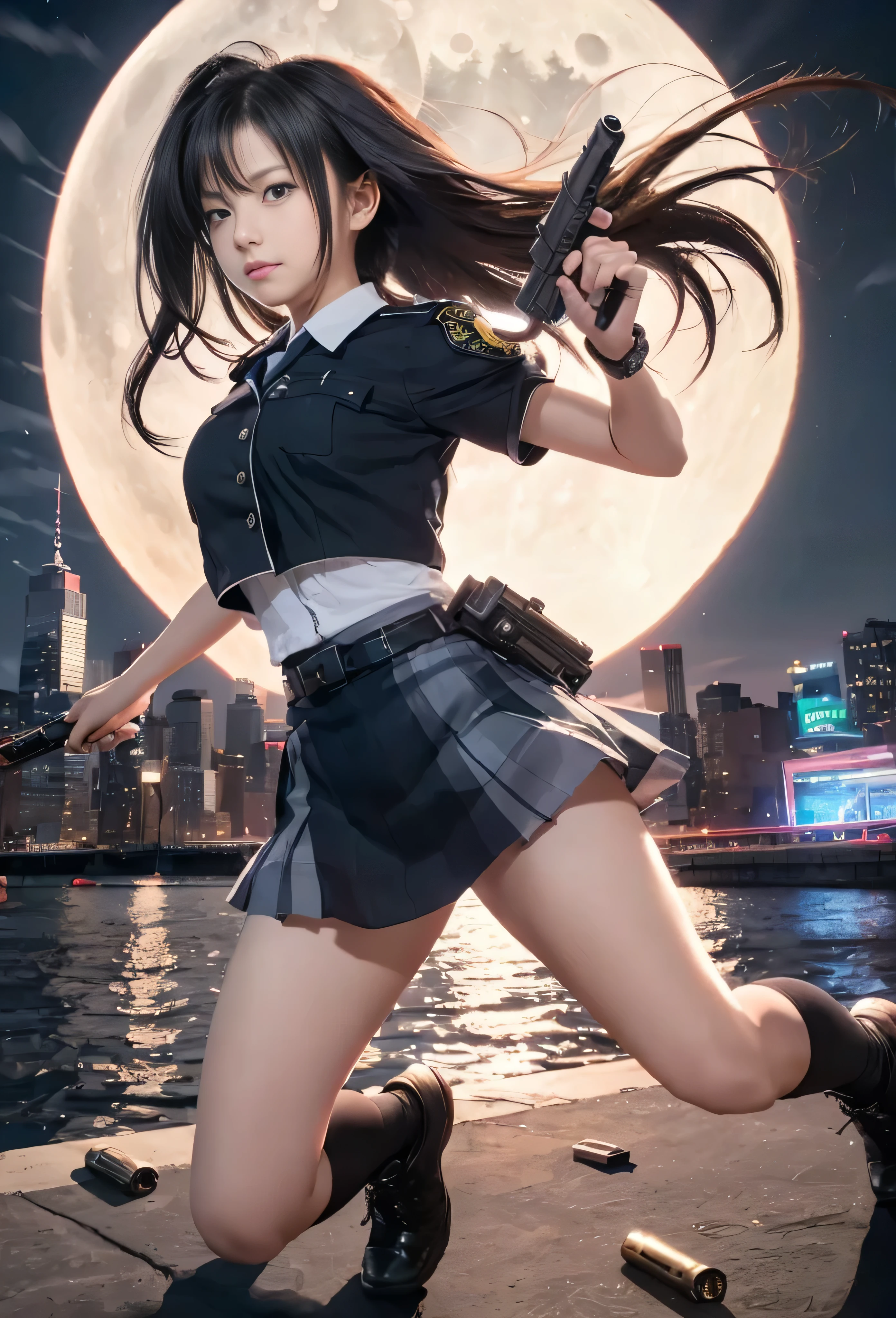 (RAW quality:1.4), Highest quality, Great quality, 16K, Unbelievably absurd, Very detailed, delicate and dynamic, software, Natural light, Particles reflect color, Diffuse reflection of light, Vortex of Light, Hudson River, new york, Night view, Create amazing image effects, lycoris uniform, skirt, (Cute sexy girl, 14 years old, Pursue the perpetrator, Intense movement, Vibrant, hot, , , , pistol, Long black hair, Police uniform, Takina Inoue Final Fantasy VII), Full body photo, (Shooting a gun in front of a big full moon:1.4), Speedy, Lots of bullets, Trajectory,