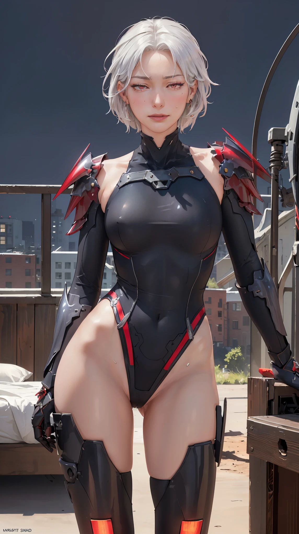 ((((masterpiece, best quality, high resolution)))), Extremely detailed 8K, Beautiful girl with voluptuous body, (Ultra HD, Ultra-detailed, Highly detailed, Highly realistic, Ultra-realistic, photograph realistic), (1girl:1.5), (Realistic white hair), (short silky hair, hair ornaments, earrings), (dynamic poses), facing at camera, looking at viewer, (blushing red, embarrassed, exhausted, smirk), (bright red eyes, sharp eyes), (small perky breasts:1.2), (wide hips:1.2), (beautiful detailed face, beautiful detailed eyes), ((black highleg leotard, Origleotard, thighhighs, breast, OrigArm, armor, mechanical armor)), (detail pussy), (standing up:1.3), sweat, glow, (nightlight), ((cowboy shot)), bedroom, seductive