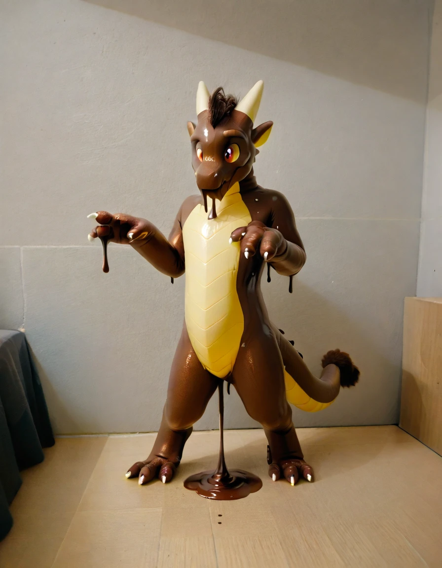 (Ultra high definition, 8k HD, masterpiece:2), (real life full body photo:3), (mid-transformation:1.8), (a male human wearing a dragon fursuit, collapsed and miniaturized on the floor at a Halloween costume party:2), (everyone in the background is wearing a unique costume, each depicting a different animal or mythical beast:2). (you are fusing with your fursuit, transforming into a Hershey's chocolate dragon while simultaneously morphing and shrinking into a 3.5 centimeter long solid chocolate dragon candy:2.5), (part human, part dragon fursuit, part chocolate candy hybridization:2), (the costume zipper begins to disappear as it is assimilated into the chocolate:2.25). (his facial features flatten and fade as he transforms and shrinks into a plain, featureless, faceless chocolate western dragon candy:2), (bipedal to quadrupedal partial feralization:2.1), (dripping melting liquid chocolate partial coating:2.05). (NSFW:2)