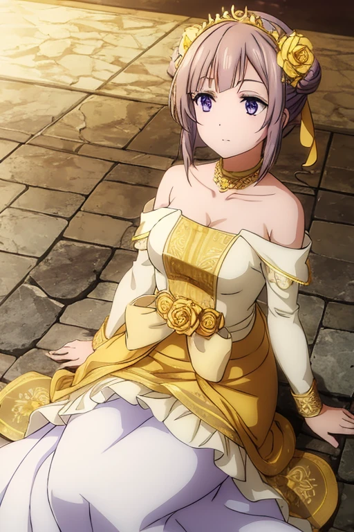 lilac eyes, brown stone hair tied, golden flower tiara, long blue party dress with golden flower designs, delicate prom style.