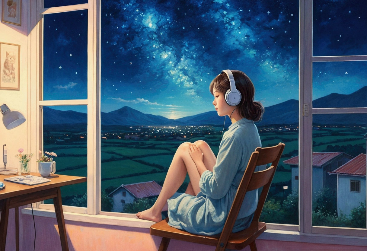 Portrait、512、Lo-Fi、Girl sitting on a chair wearing headphones、Take a nap at your desk、close your eyes、Rural street view outside the window、night、pastel colour、Painting、Starry Sky、Cat