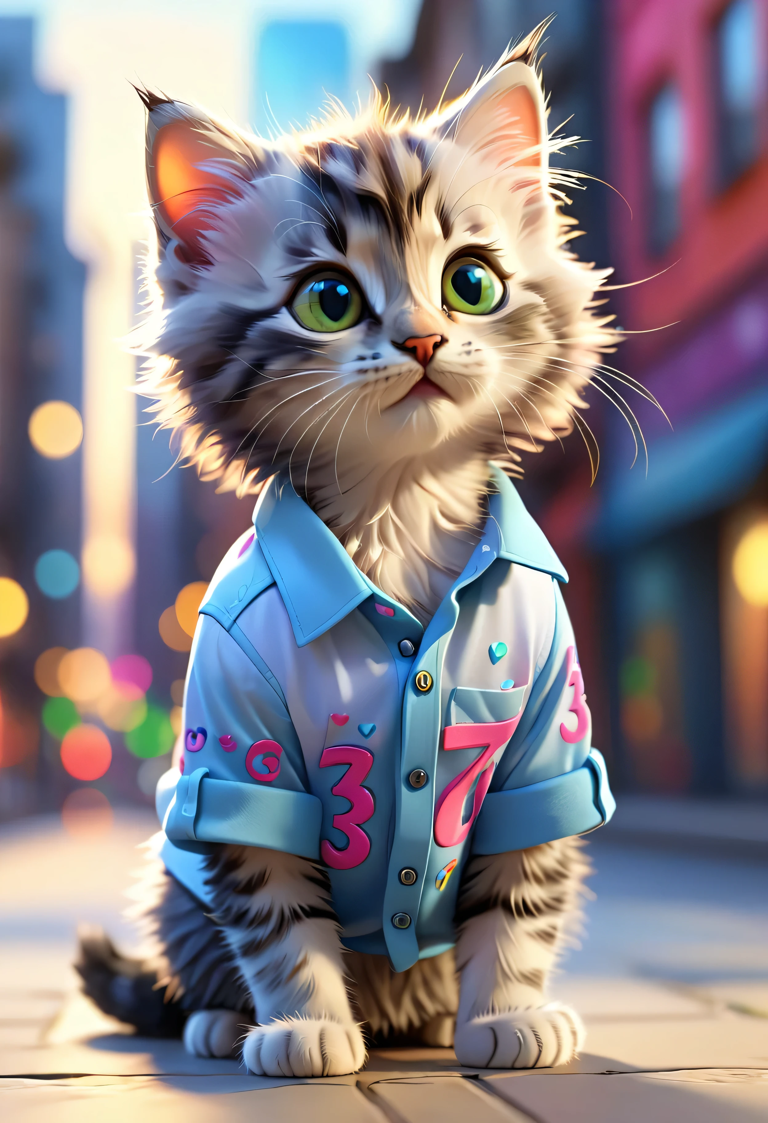 Cute kitten,Hairy,Wearing a shirt, blurred city background, Cute numbers, 3D Rendering, Bright light, Vibrant colors,