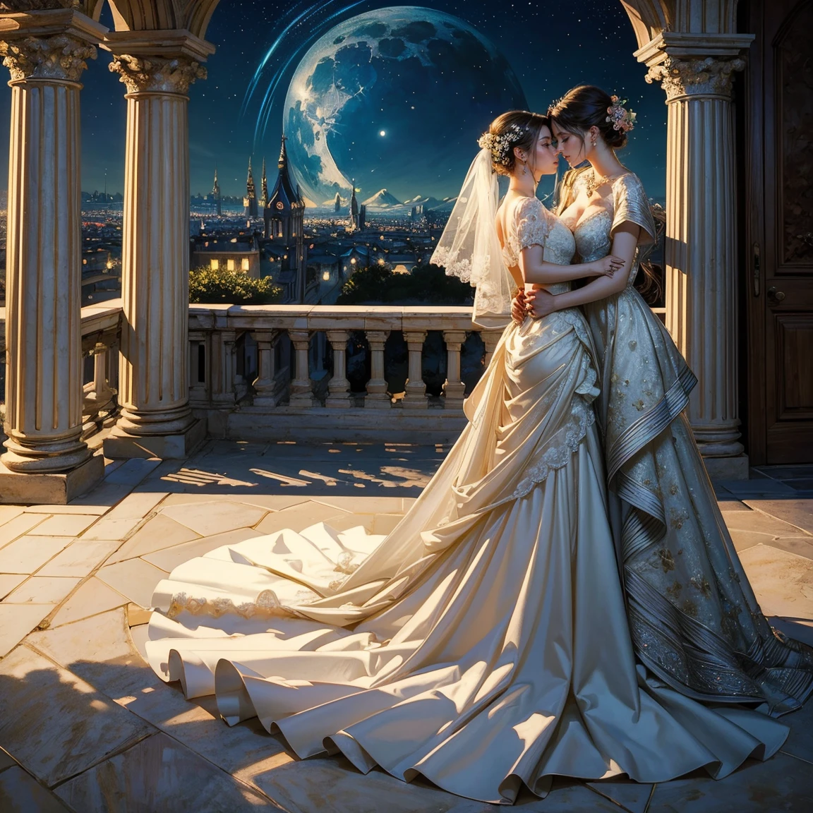 (masterpiece, highest quality, official art, beauty and aesthetic:1.5), perfect anatomy, two stunning bride is deeply in love with each other, kiss, romantic atmosphere, flower and moon, magnificent panorama view