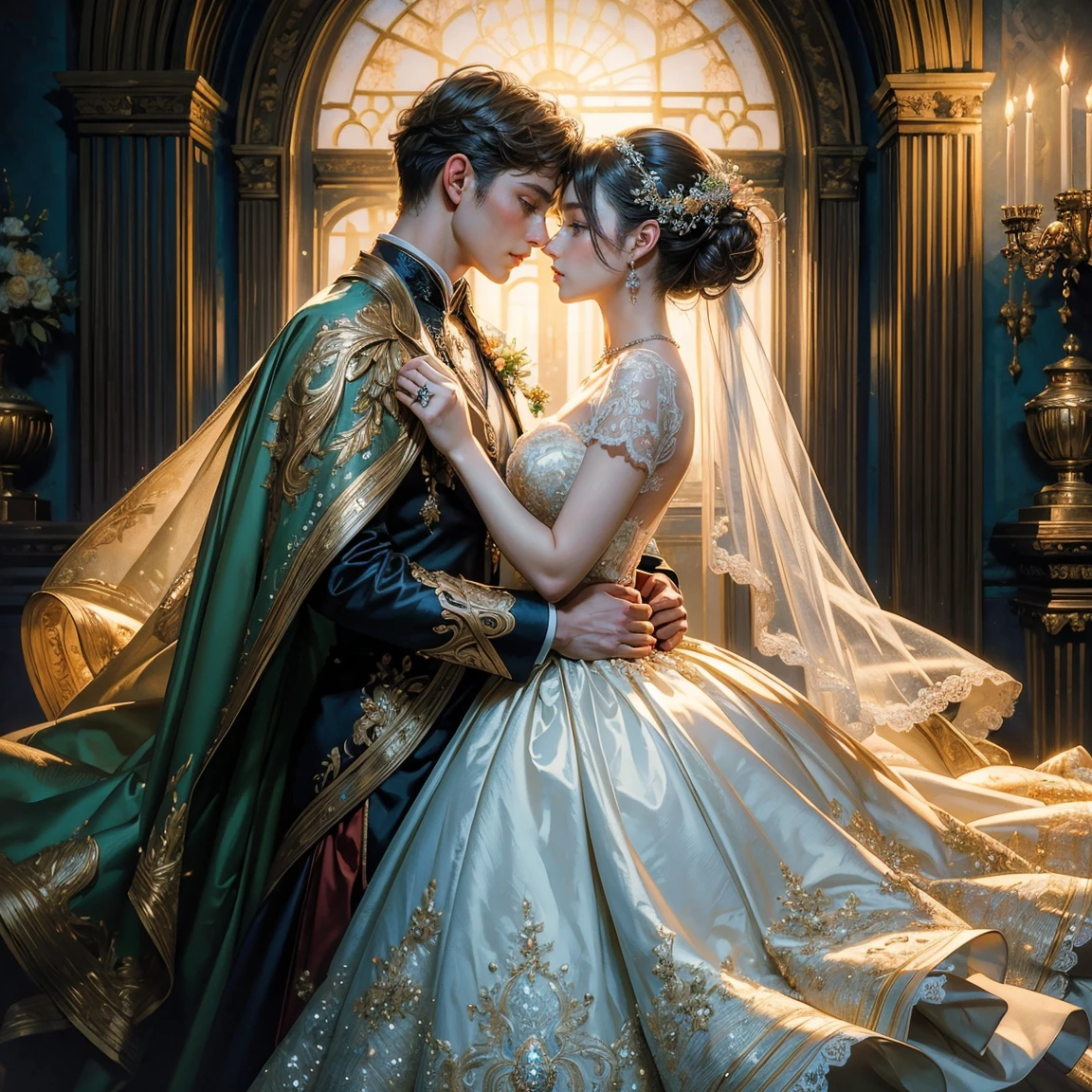 (masterpiece, highest quality, official art, beauty and aesthetic:1.5), perfect anatomy, two stunning bride is deeply in love with each other, kiss, romantic atmosphere, flower and moon, magnificent panorama view
