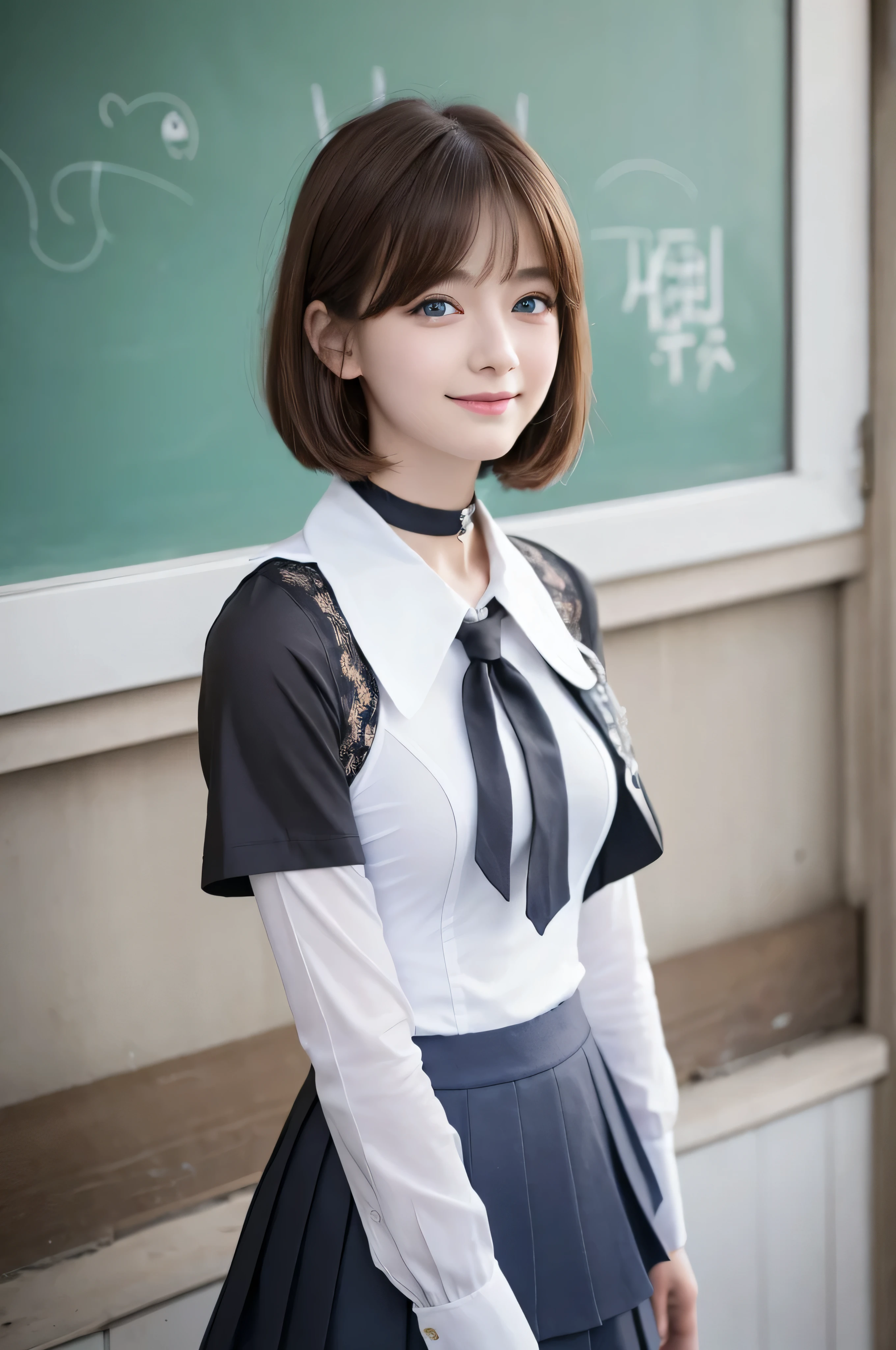 best quality、masterpiece、GROUP PICTURE、((layered haircuts)),(8k,best quality),full body shot,shot from medium distance,school classルーム,student,class,class,open collar shirt、Wear a JK skirt,full body photo、 Beloved, laugh, length, brown hair, 32K, masterpiece, Best image quality,ultra high resolution,perfect hands,black choker、blue eyes、forehead、Very full and very long eyelashes、Uniform、 school、summer clothes、((big bust))