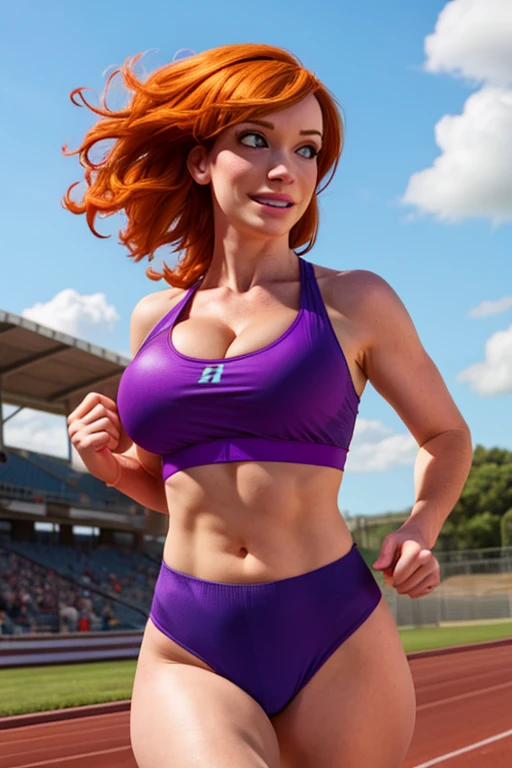 8K, Ultra HD, super details, high quality, high resolution,1girl, solo, Christina Hendricks, orange hair, shoulder-length hair, blue eyes, pale skin, smile, large breasts, huge bust, cleavage, purple sports bra, purple sports bottoms, in running position getting ready to run, (Background: outdoors, track field, blue sky, clouds in the sky),