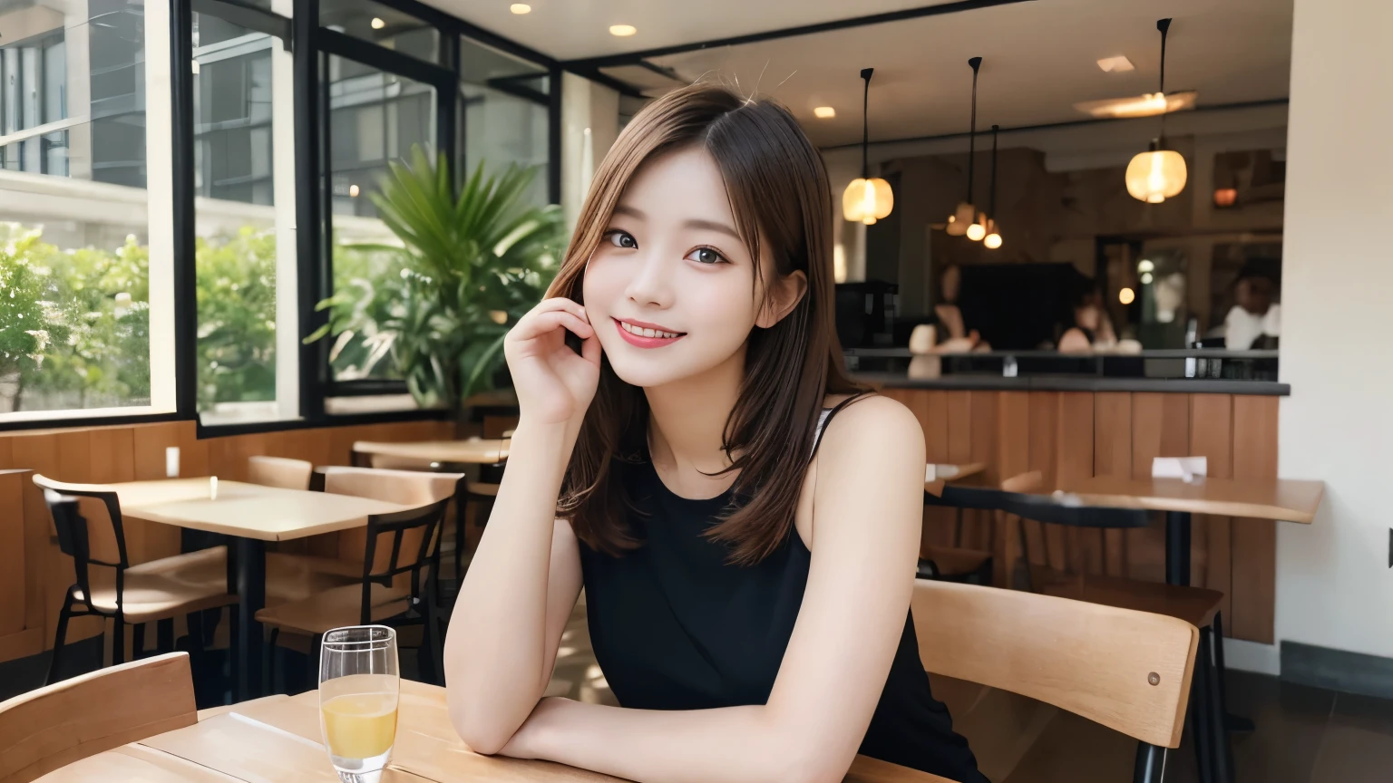 Tabletop, Highest quality, figure, Very detailed, In detail, High resolution, 8k wallpaper, Perfect dynamic composition, Beautiful attention to detail, Summer clothes,Bob Hair, Natural color lip, ,smile,20-year-old girl、Photographed inside the cafe