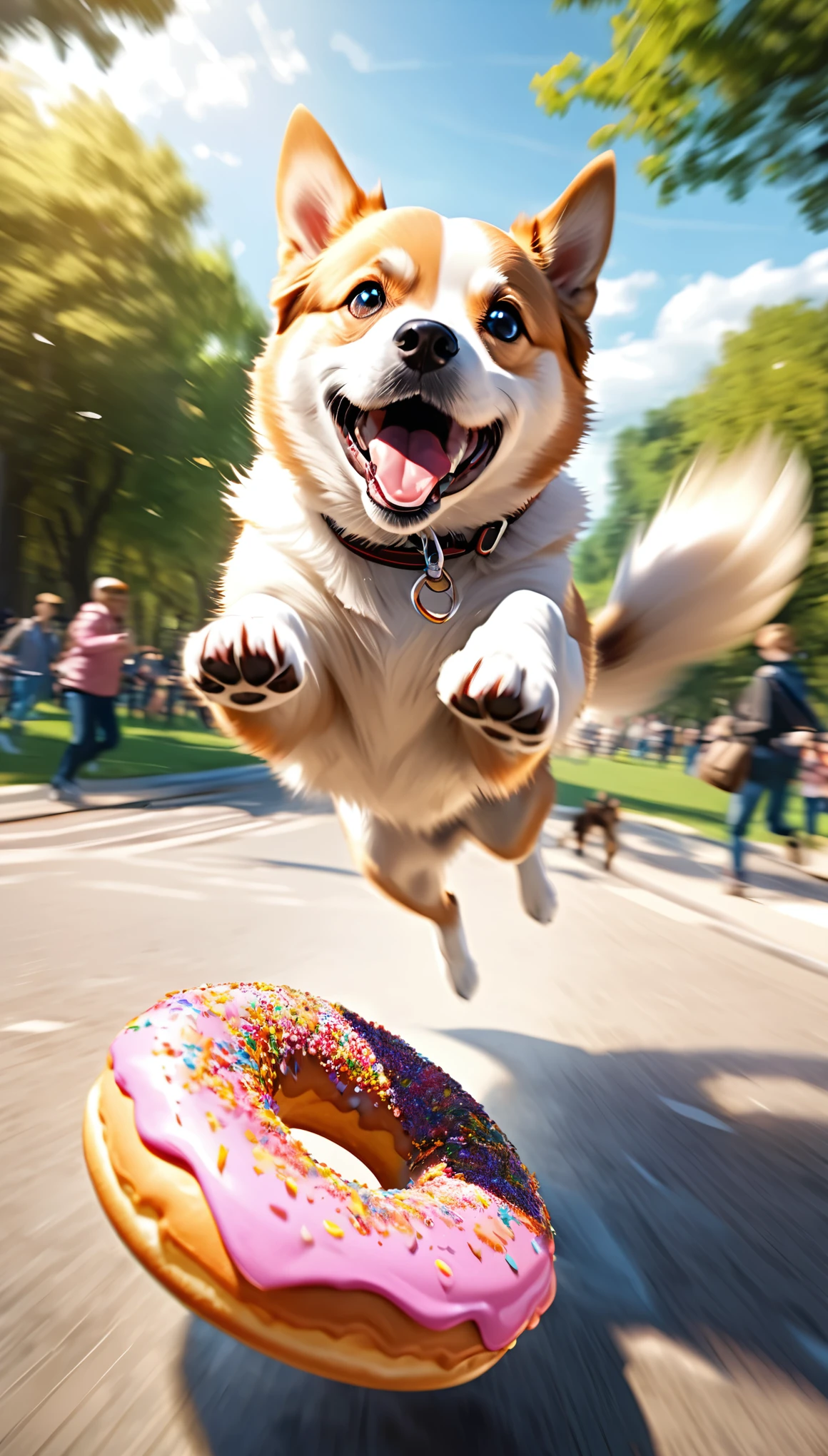 a dog jumping to catch a single flying donut, about to take a big bite, extremely detailed, beautiful park background, dynamic action, dramatic motion blur, photorealistic, 8k, highly detailed, vivid colors, professional photography