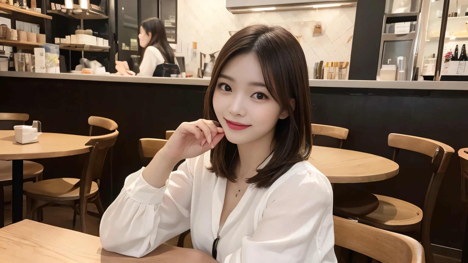 Tabletop, Highest quality, figure, Very detailed, In detail, High resolution, 8k wallpaper, Perfect dynamic composition, Beautiful attention to detail, Summer clothes,Bob Hair, Natural color lip, ,smile,20-year-old girl、Photographed inside the cafe