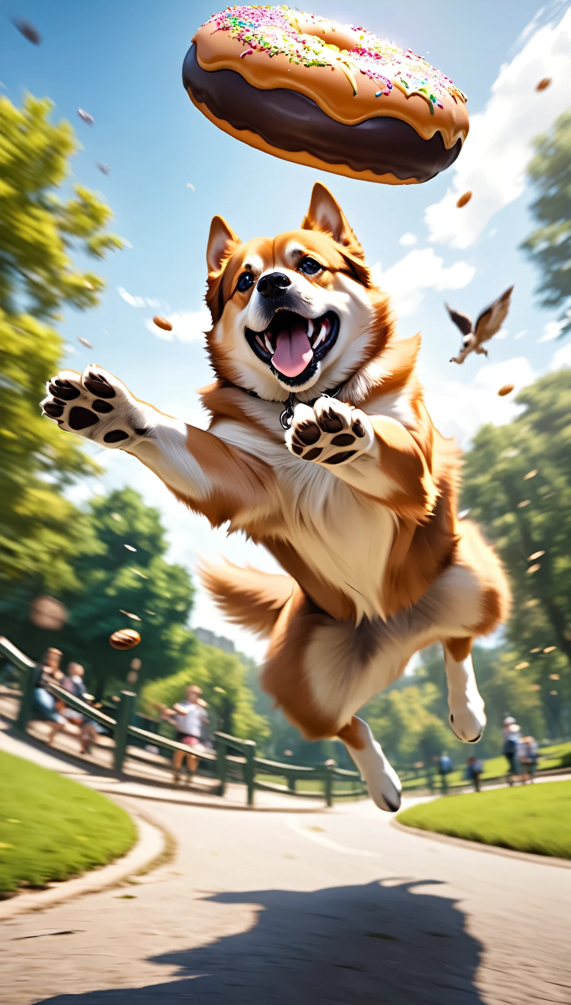 a dog jumping to catch a single flying donut, about to take a big bite, extremely detailed, beautiful park background, dynamic action, dramatic motion blur, photorealistic, 8k, highly detailed, vivid colors, professional photography