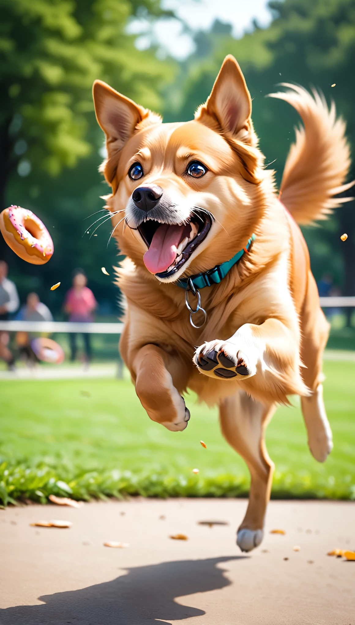 a dog jumping to catch a single flying donut, about to take a big bite, extremely detailed, beautiful park background, dynamic action, dramatic motion blur, photorealistic, 8k, highly detailed, vivid colors, professional photography